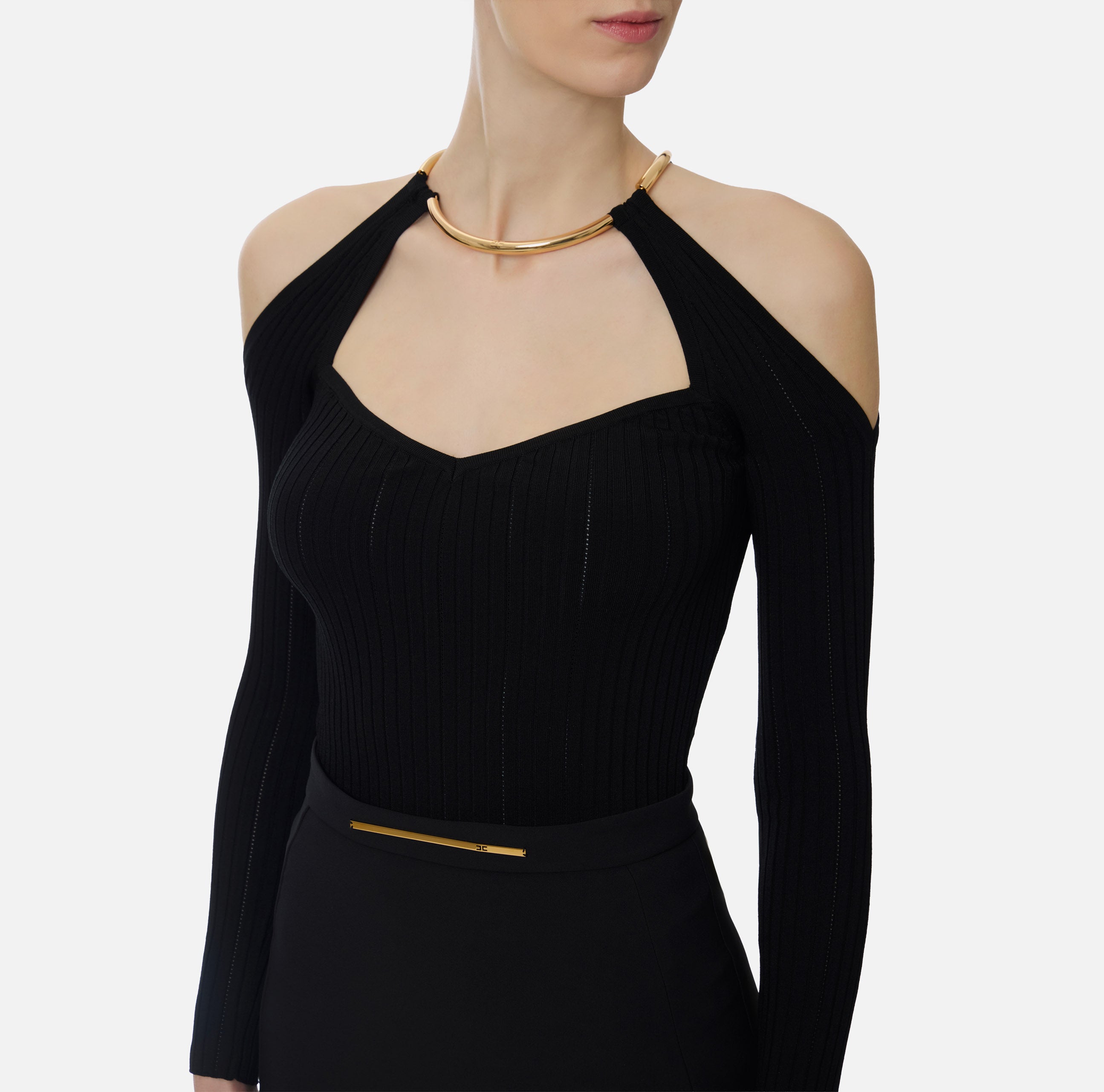 ELISABETTA FRANCHI Maglia Costine Traforate Collana-Nero