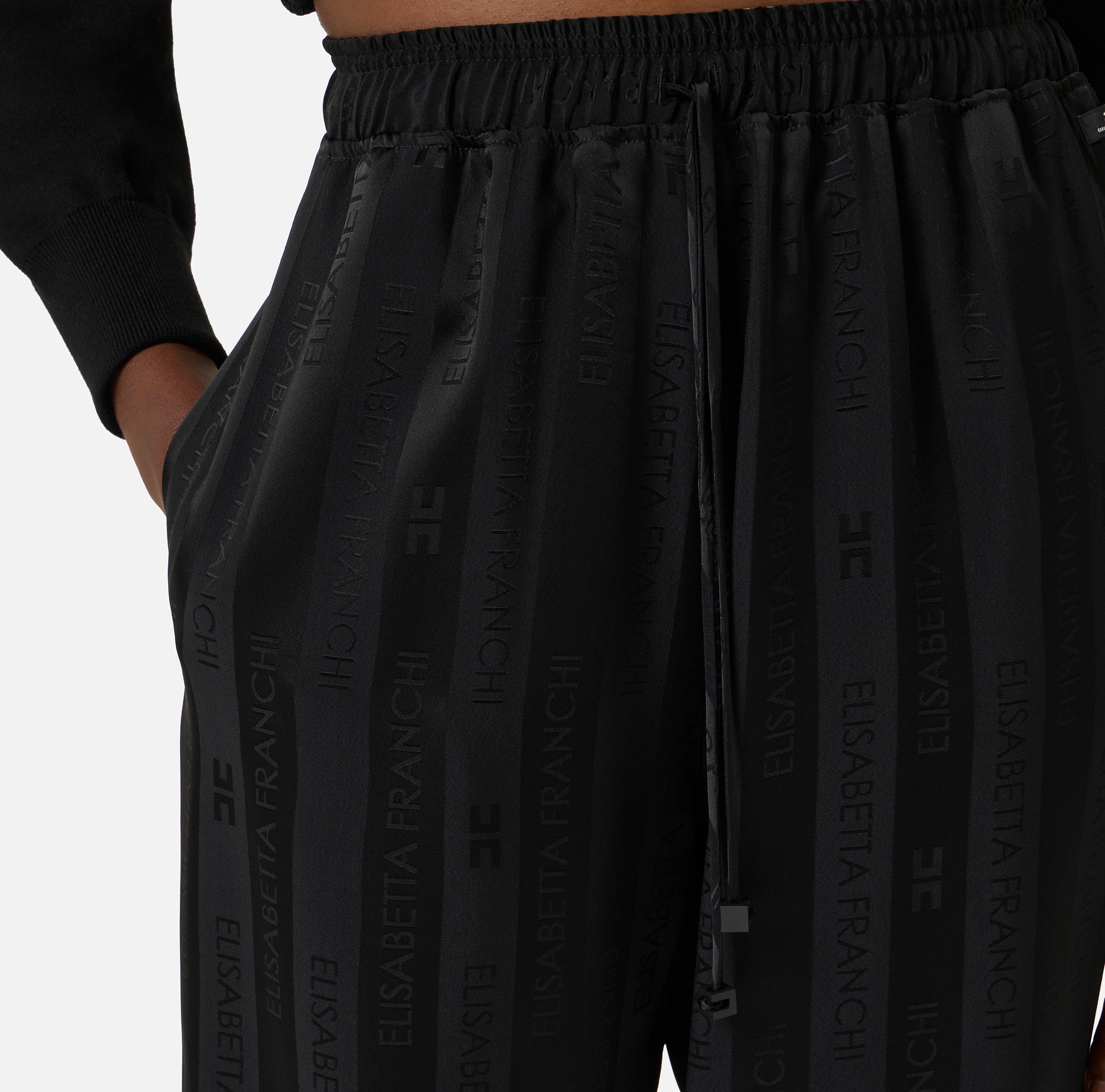 ELISABETTA FRANCHI Pantalone Satin Righe Jacquard Logo-Nero