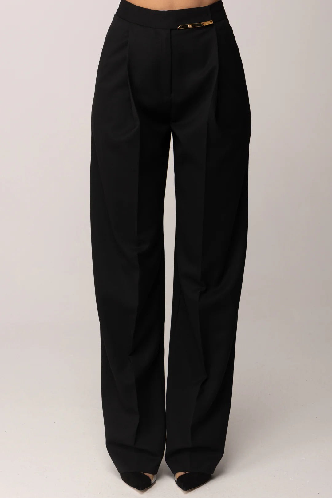ELISABETTA FRANCHI Pantalone Fresco Lana Placca Logo-Nero