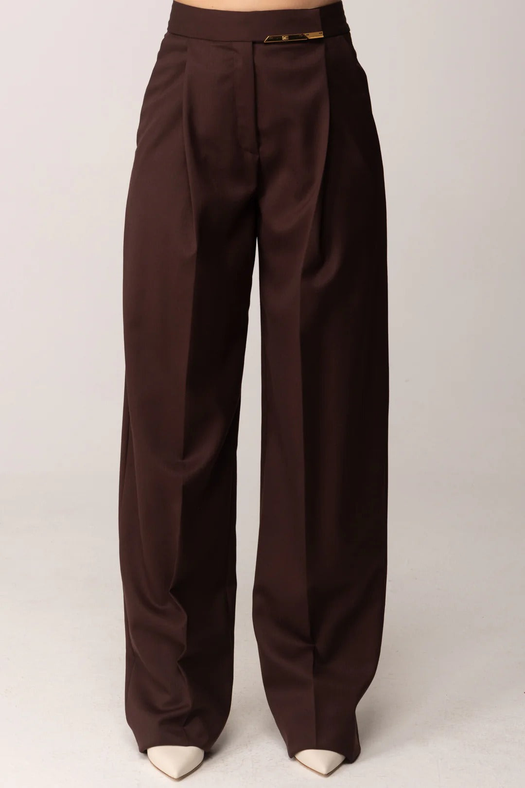 ELISABETTA FRANCHI Pantalone Fresco Lana Placca Logo-Cacao