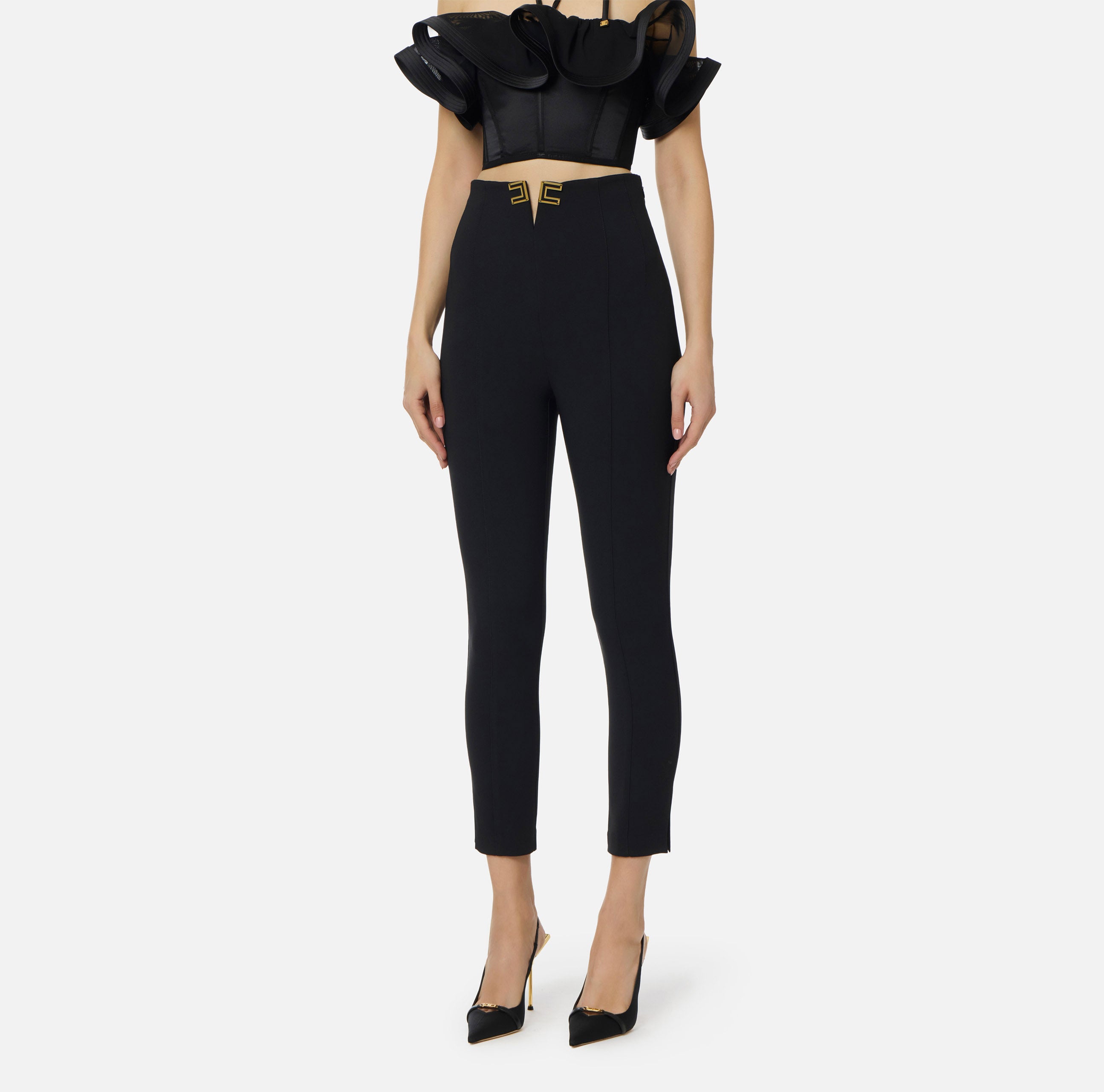 ELISABETTA FRANCHI Pantalone Doppio crêpe Spacco Logo-Nero