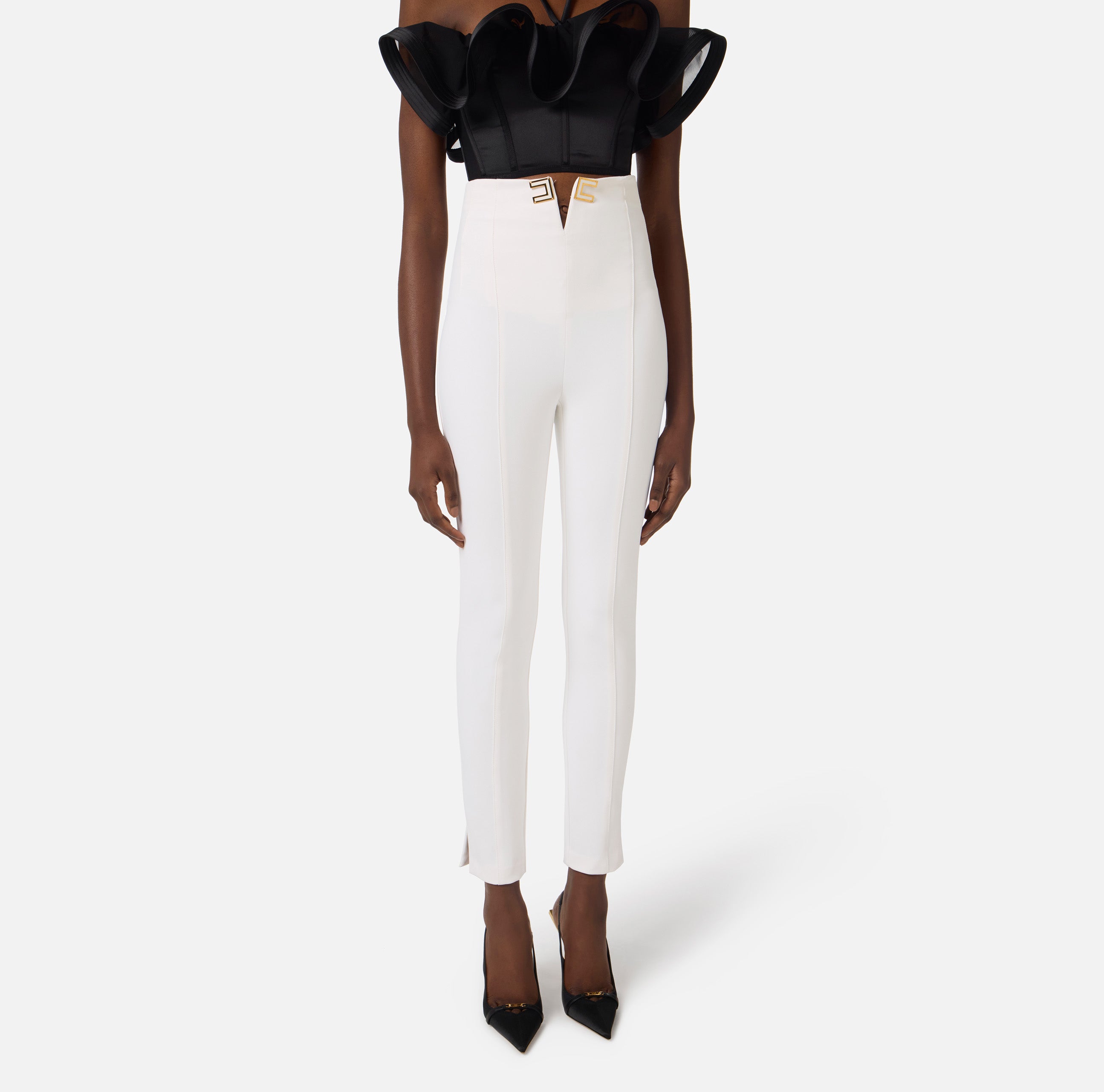 ELISABETTA FRANCHI Pantalone Doppio crêpe Spacco Logo-Avorio