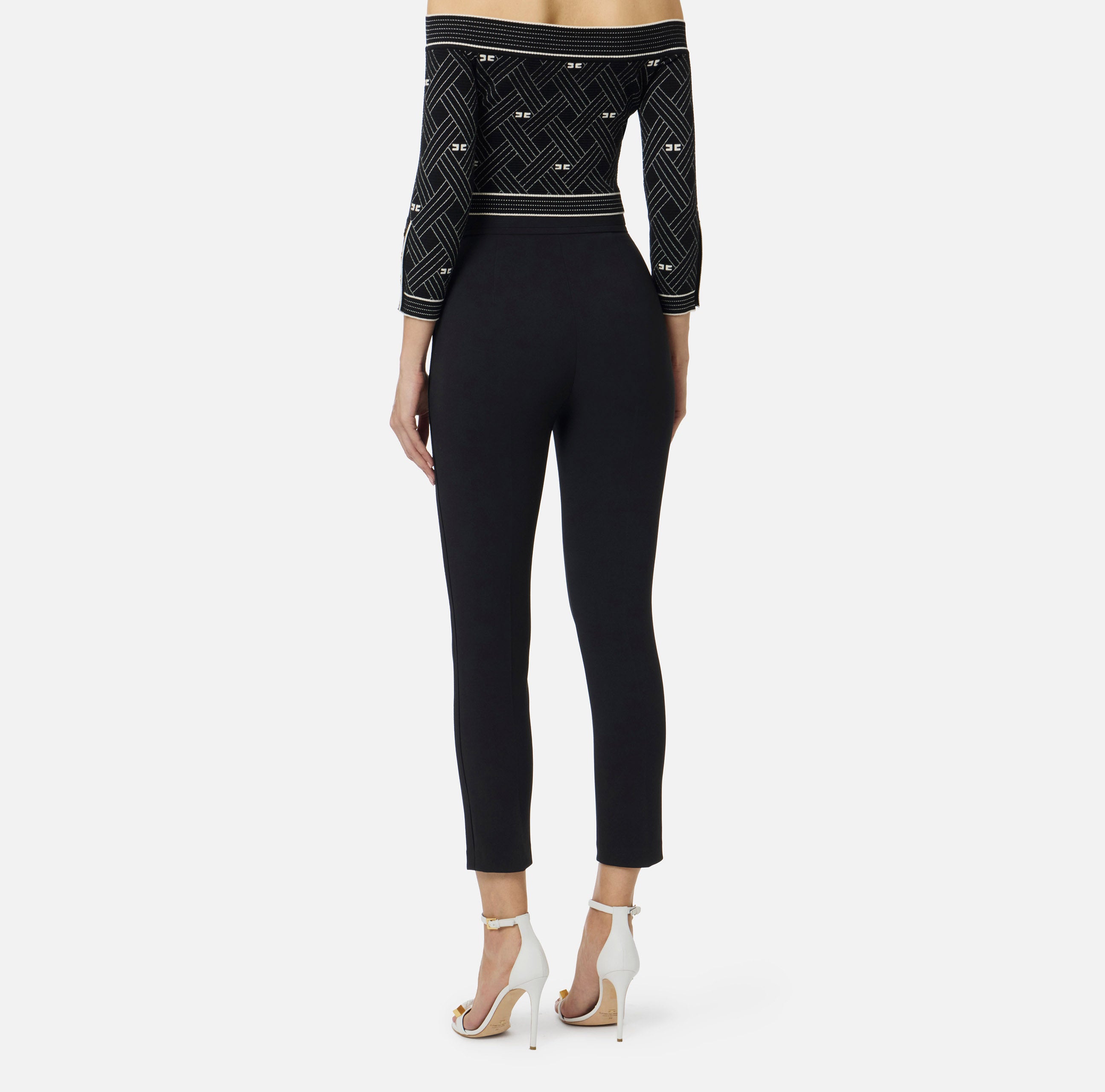 ELISABETTA FRANCHI Pantalone doppio crêpe Ricamo Logo-Nero