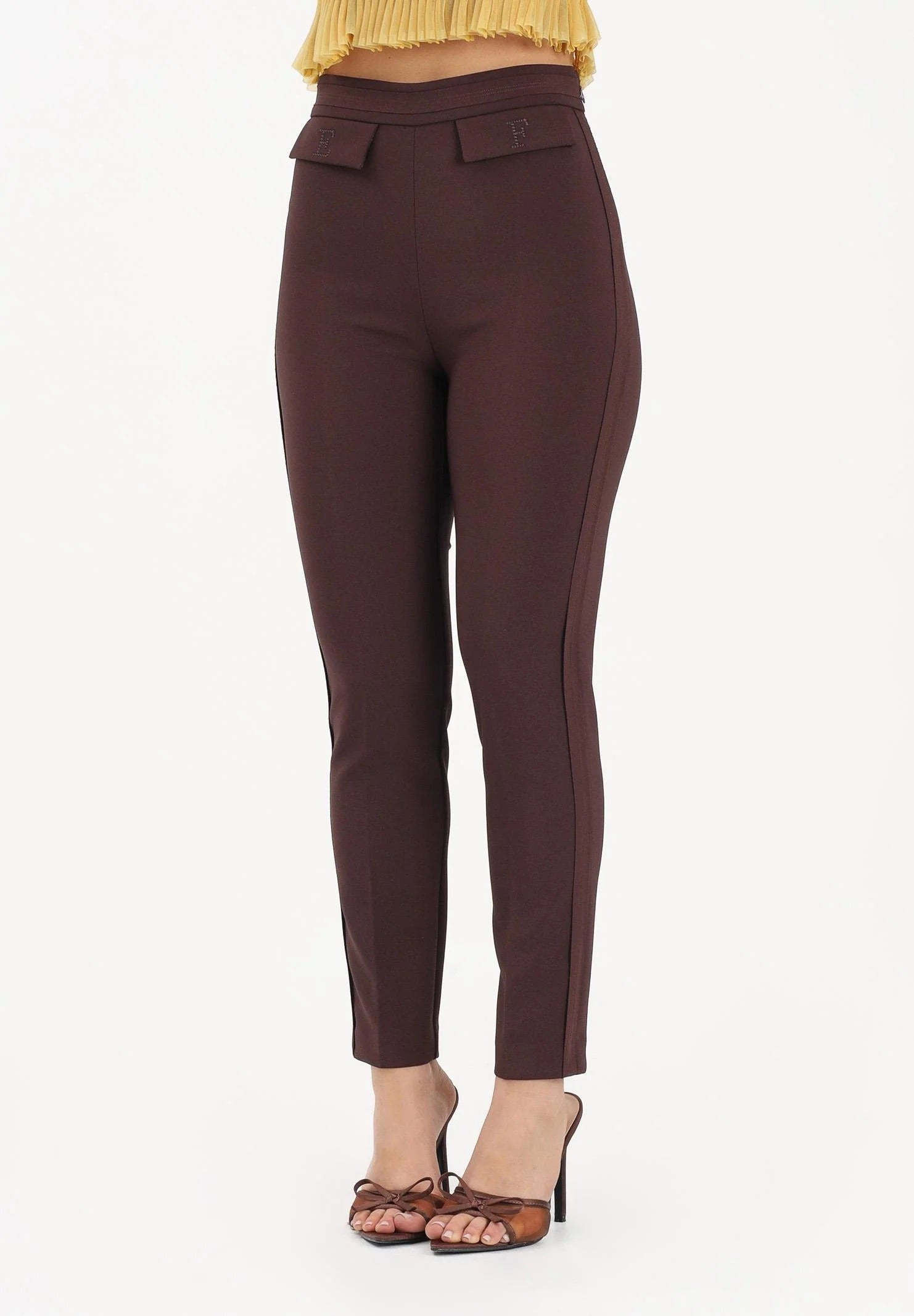 ELISABETTA FRANCHI Pantalone doppio crêpe Ricamo Logo-Cacao