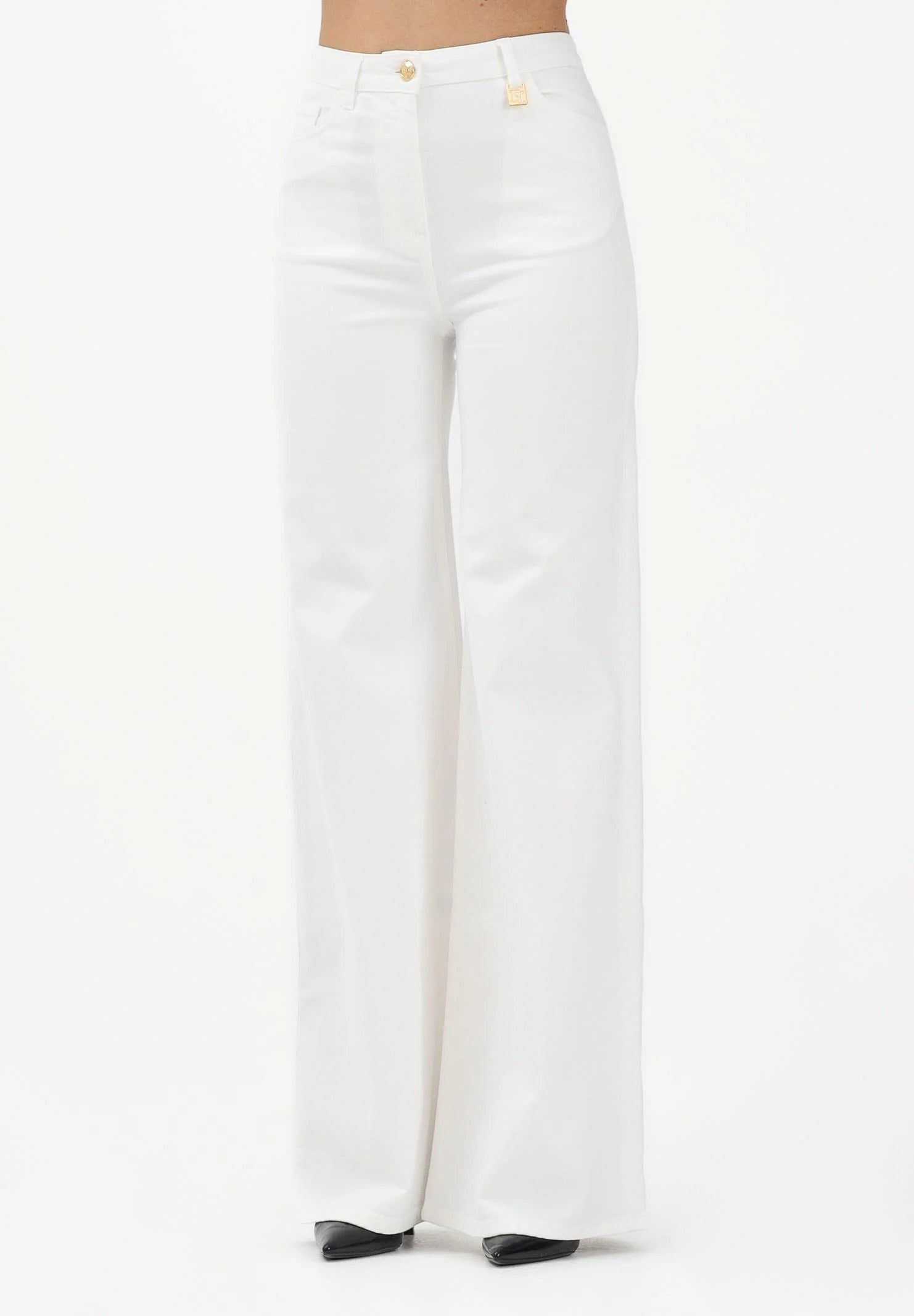 ELISABETTA FRANCHI Jeans Palazzo Placca Logo-Avorio