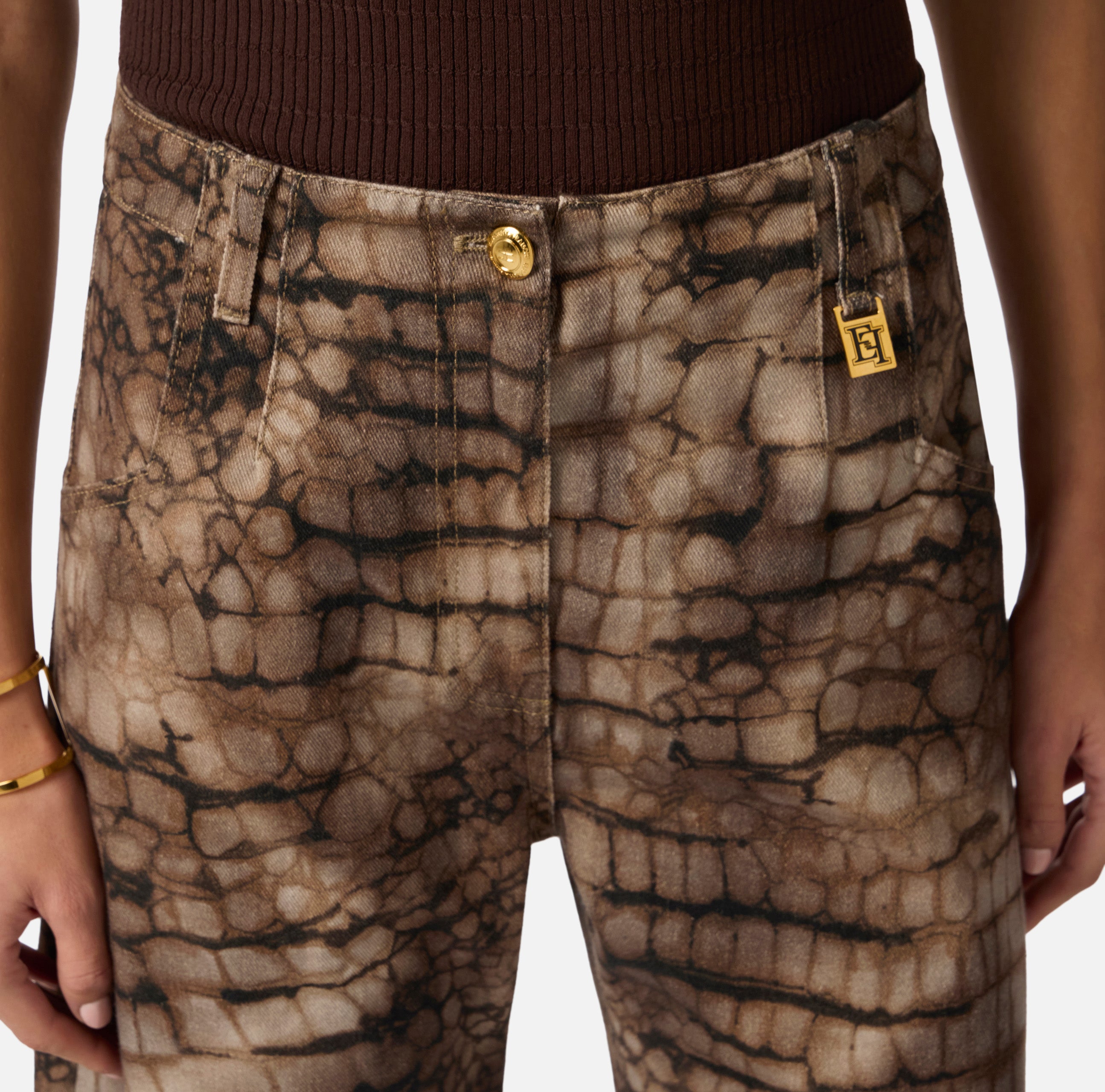 ELISABETTA FRANCHI Jeans Drill Cotone Coccodrillo-Cacao