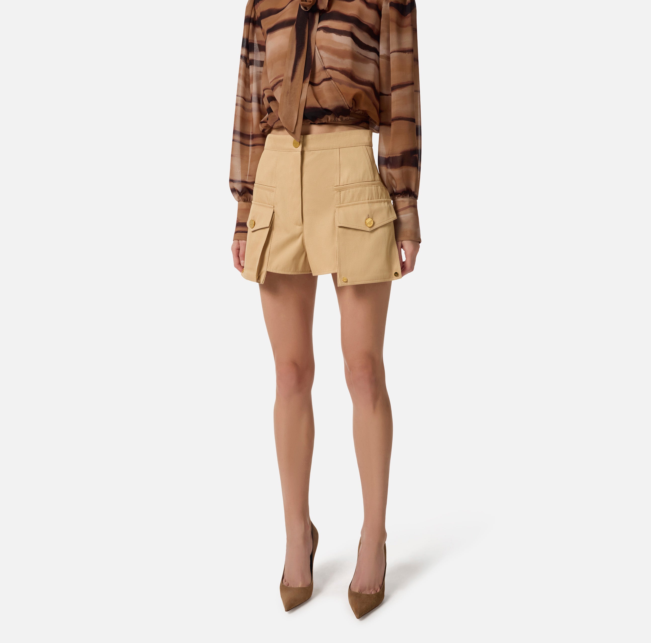 ELISABETTA FRANCHI Cotton Gabardine Cargo Shorts-Camel | Walcor SRL