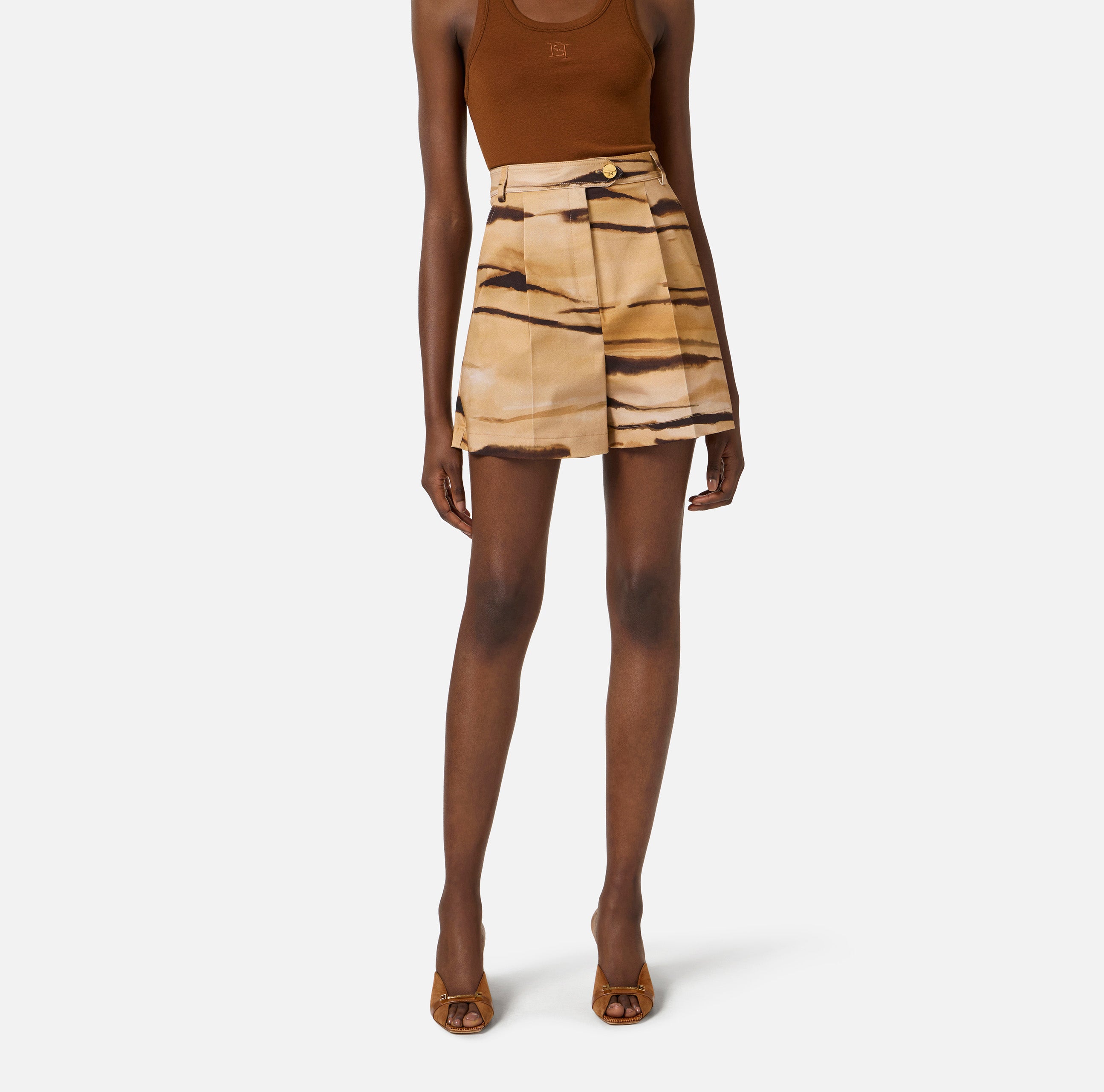 ELISABETTA FRANCHI Shorts Drill Cotone Stampa Tigrata-Cammello