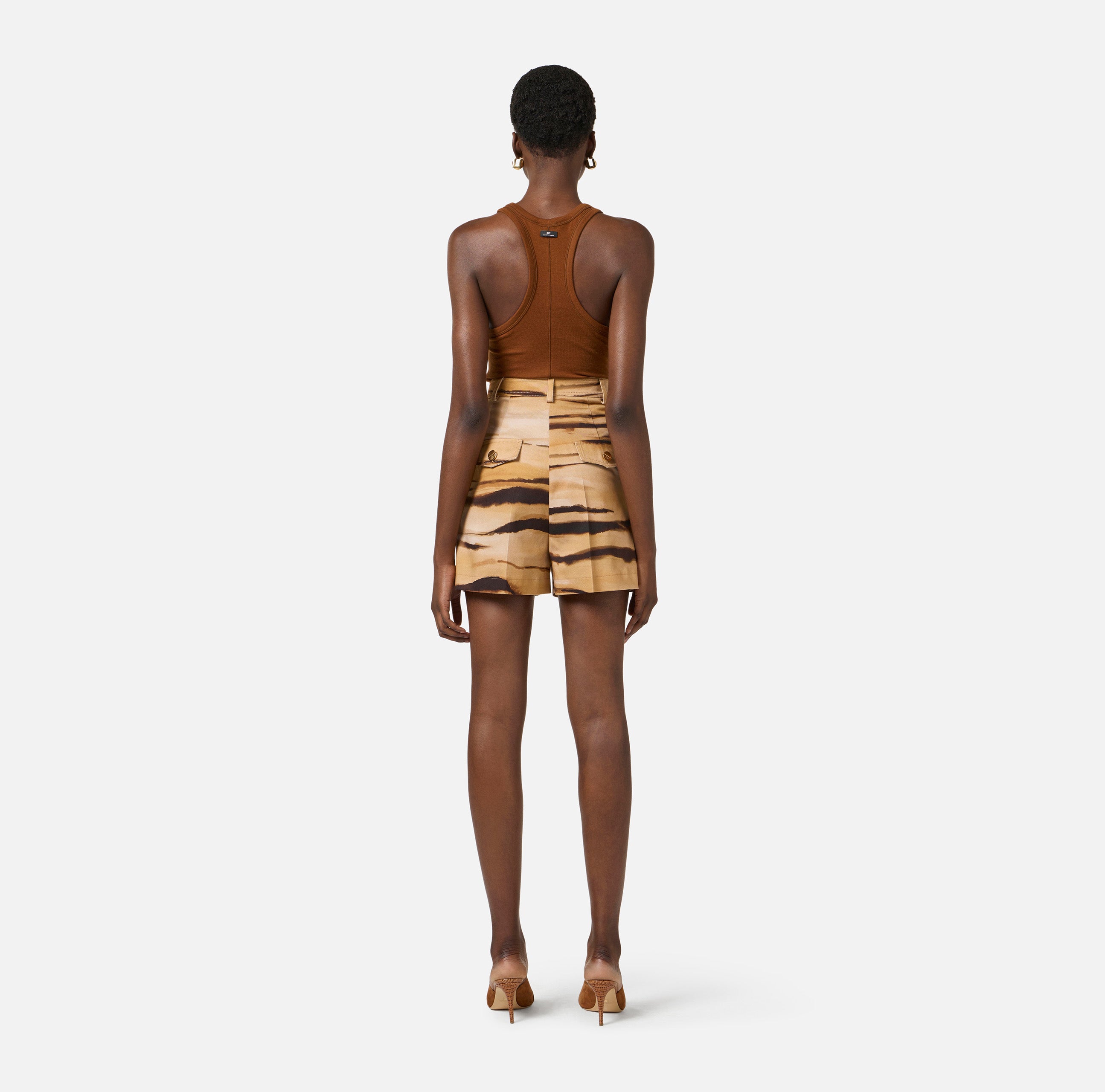 ELISABETTA FRANCHI Shorts Drill Cotone Stampa Tigrata-Cammello
