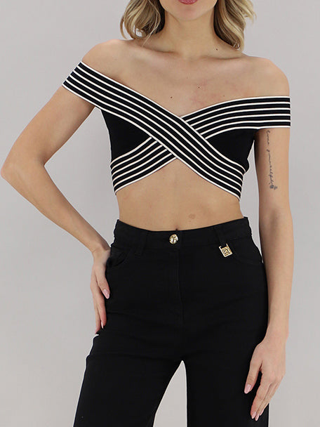 ELISABETTA FRANCHI Top Maglia Viscosa Bande Righe-Nero/Burro