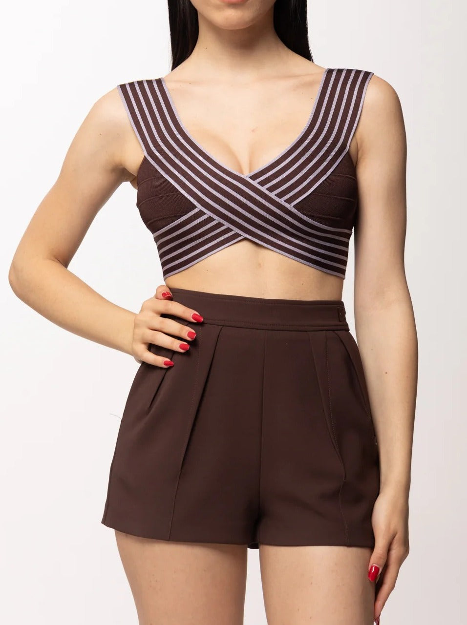 ELISABETTA FRANCHI Top Maglia Viscosa Bande Righe-Cacao/Lilla