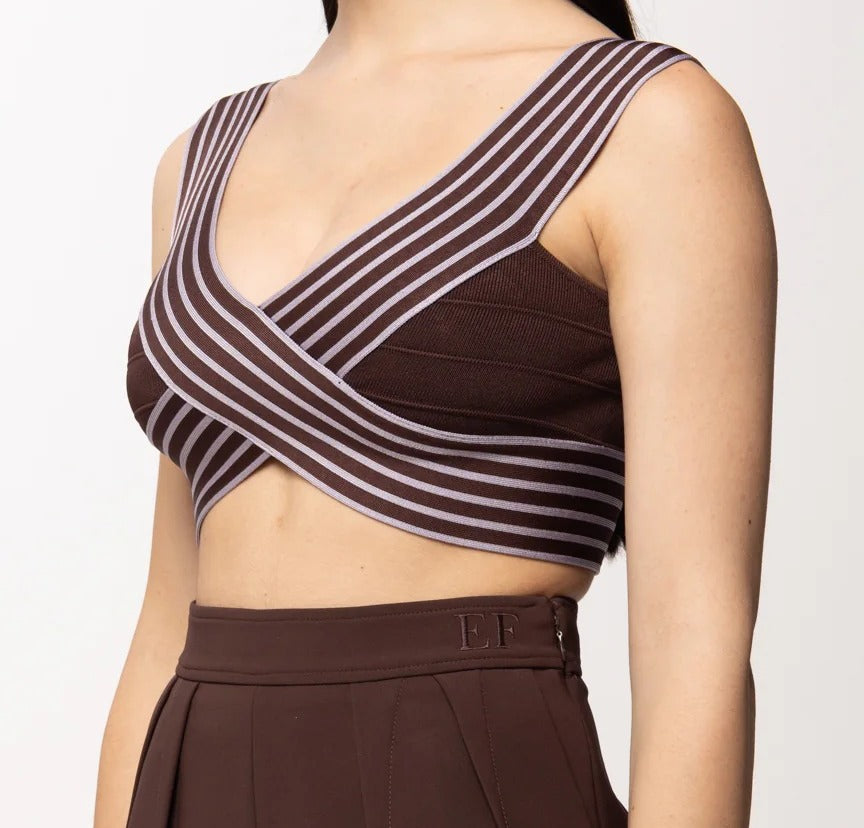 ELISABETTA FRANCHI Top Maglia Viscosa Bande Righe-Cacao/Lilla