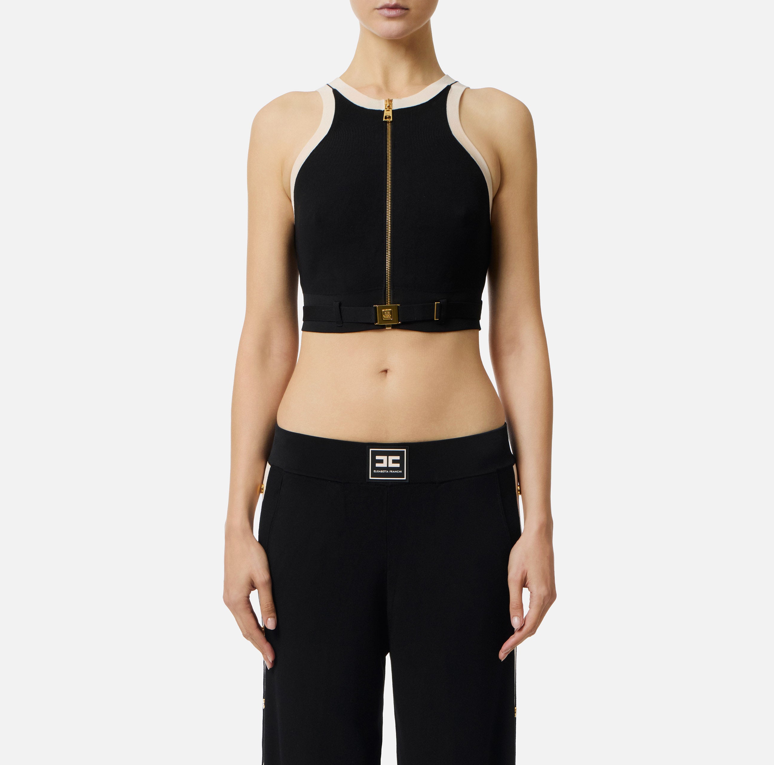 ELISABETTA FRANCHI Top Maglia Viscosa Bande-Nero/Burro