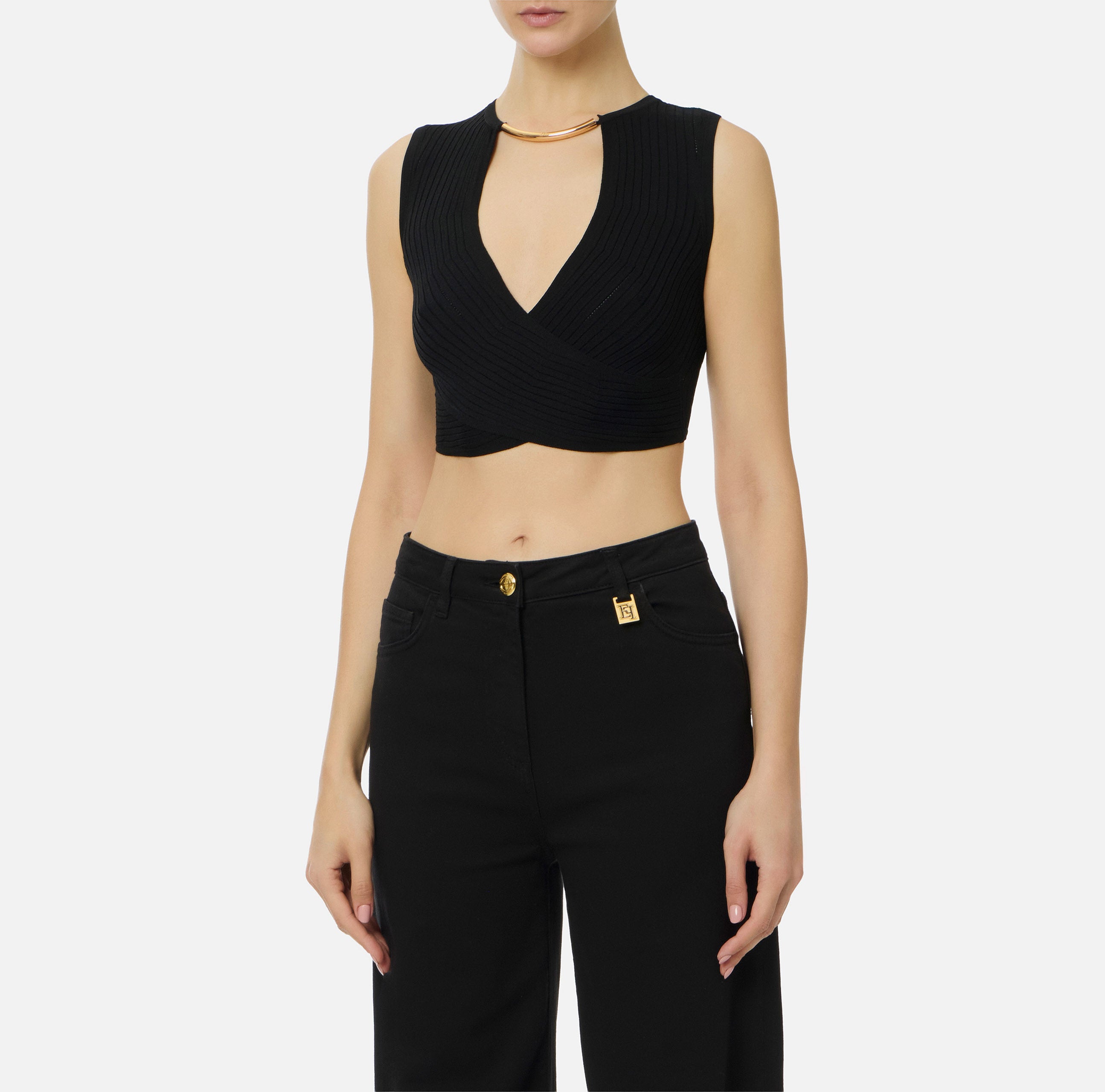 ELISABETTA FRANCHI Top Maglia Costine Traforate-Nero