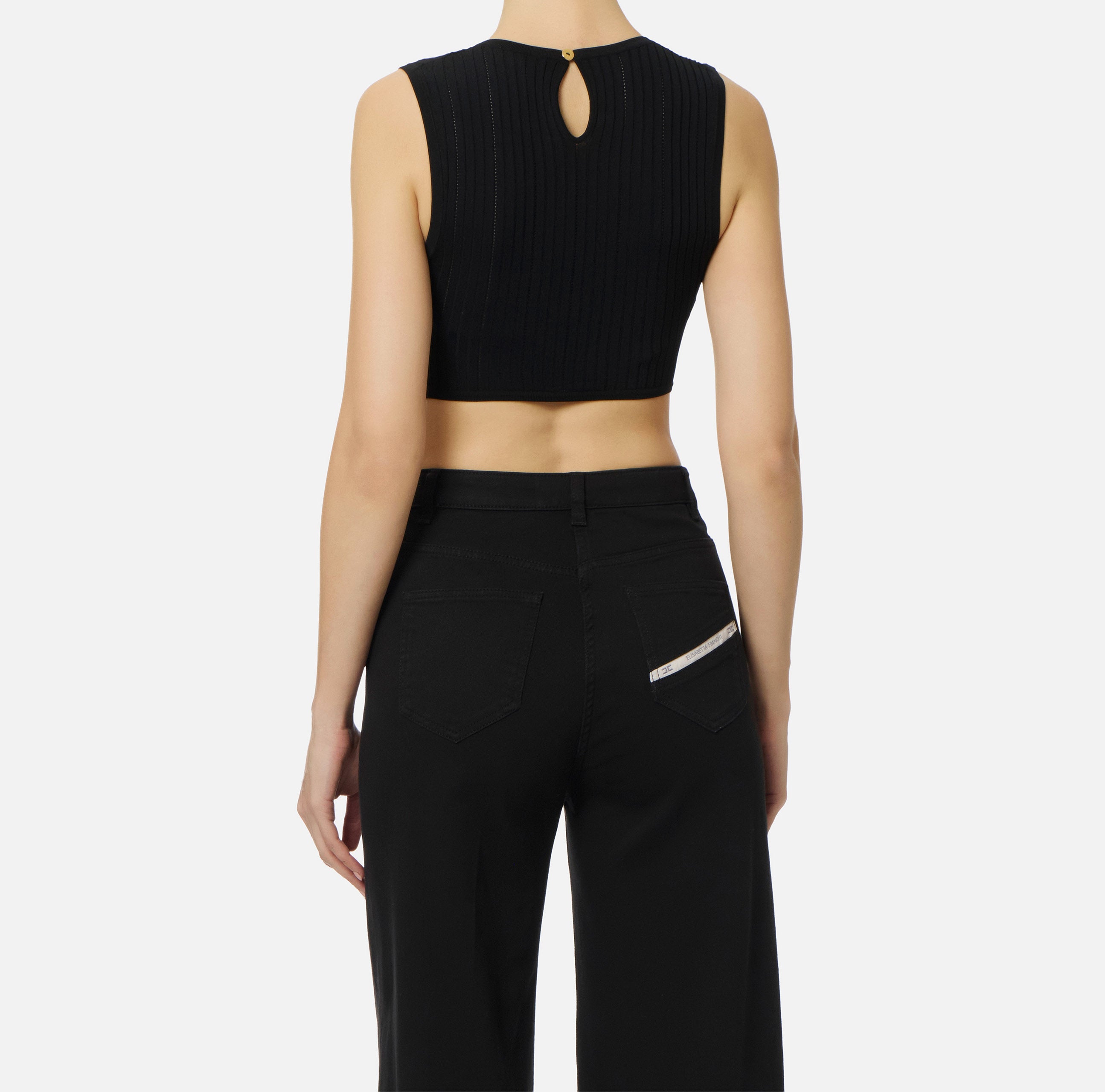 ELISABETTA FRANCHI Top Maglia Costine Traforate-Nero