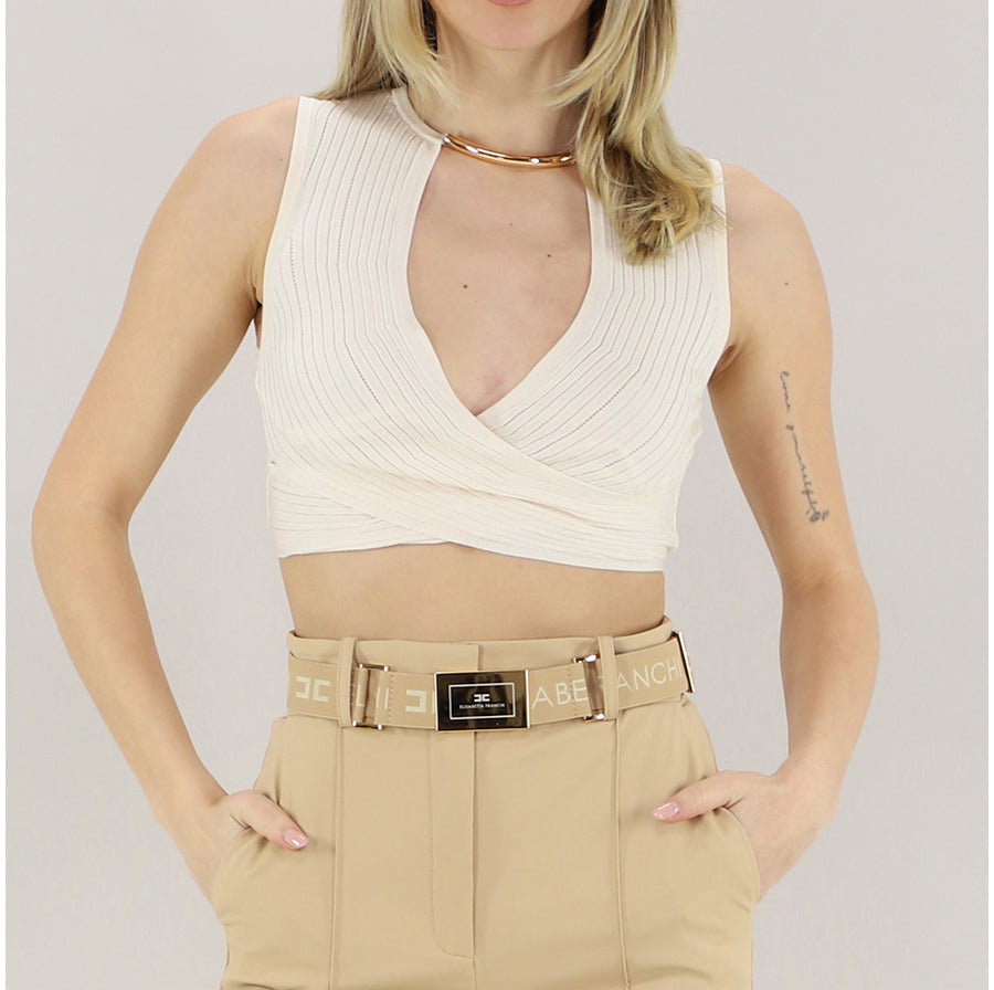 ELISABETTA FRANCHI Top Maglia Costine Traforate-Burro