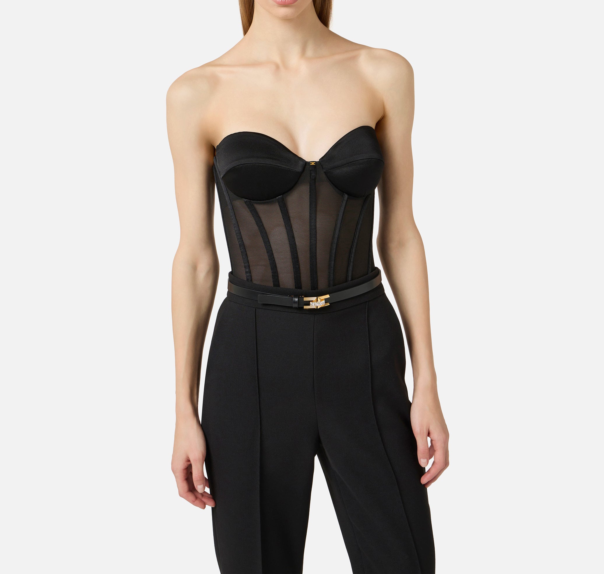 ELISABETTA FRANCHI Top Bustier Tulle Satin-Nero