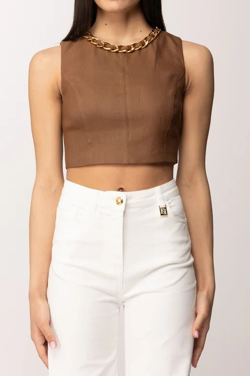 ELISABETTA FRANCHI Top Lino Viscosa Catena-Cuoio