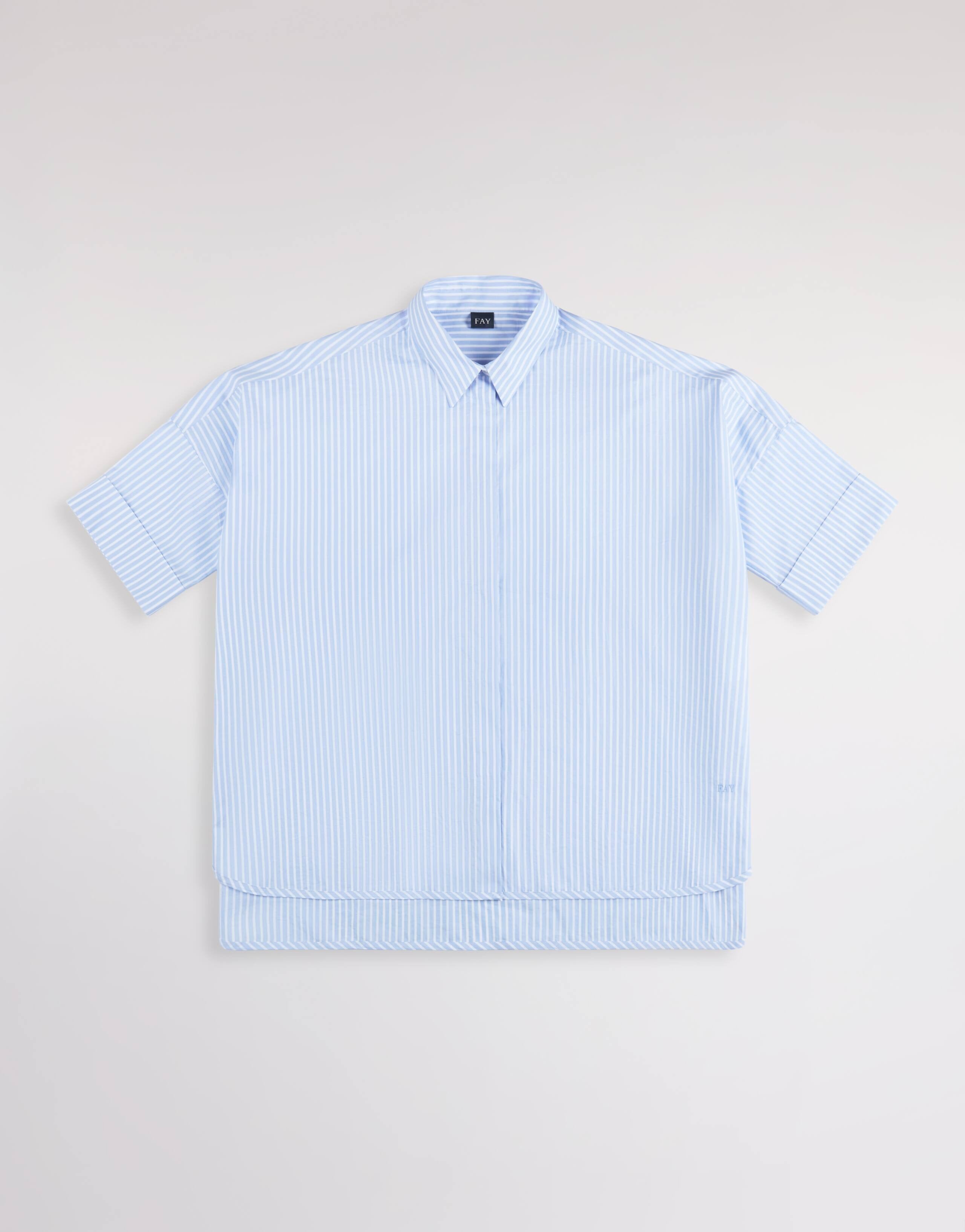 FAY Camicia Donna Popeline Cotone Righe Ricamo Logo Comfort-Bianco/Azzurro