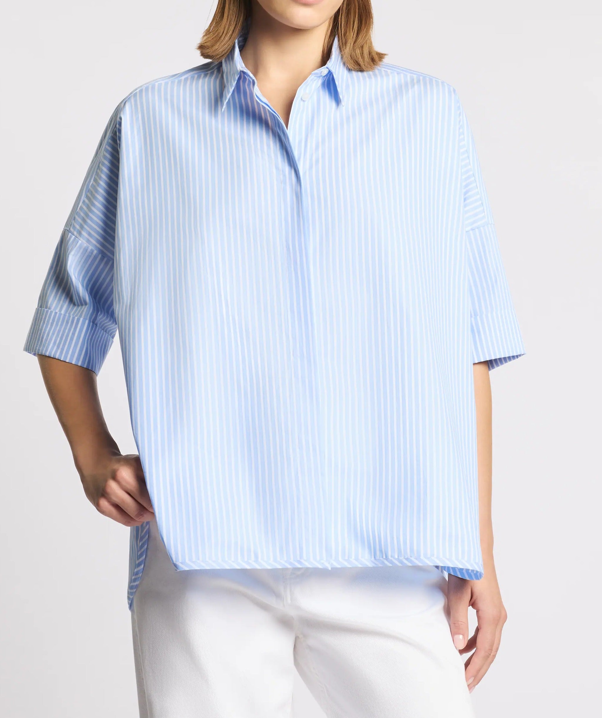 FAY Camicia Donna Popeline Cotone Righe Ricamo Logo Comfort-Bianco/Azzurro