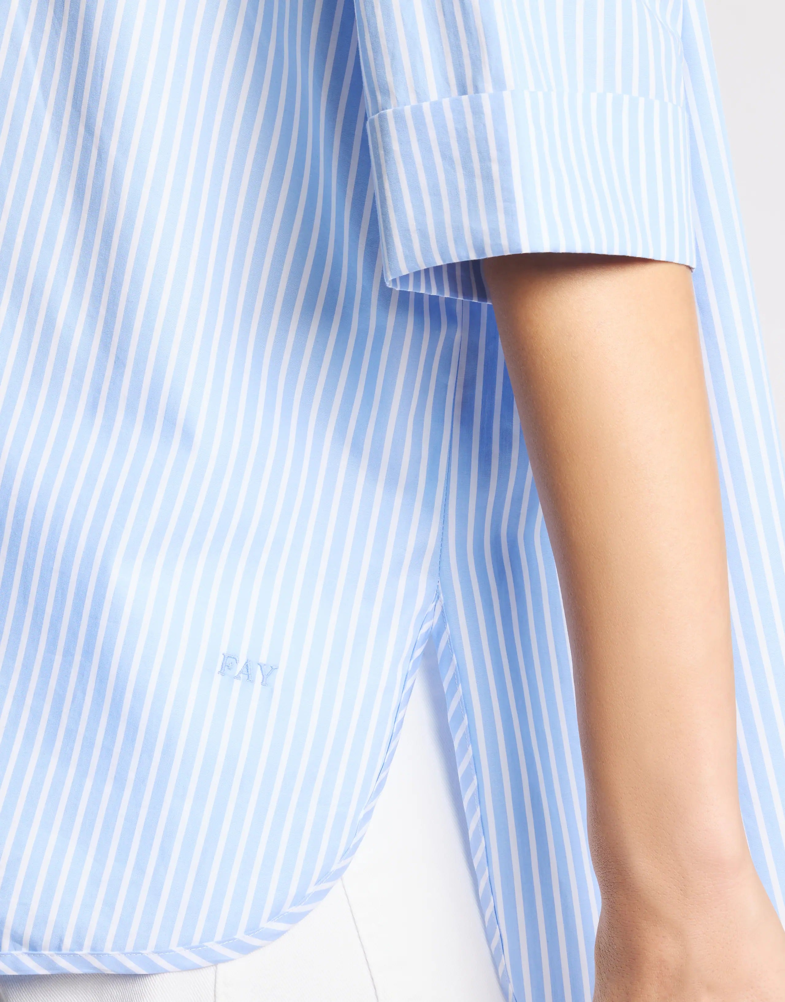 FAY Camicia Donna Popeline Cotone Righe Ricamo Logo Comfort-Bianco/Azzurro