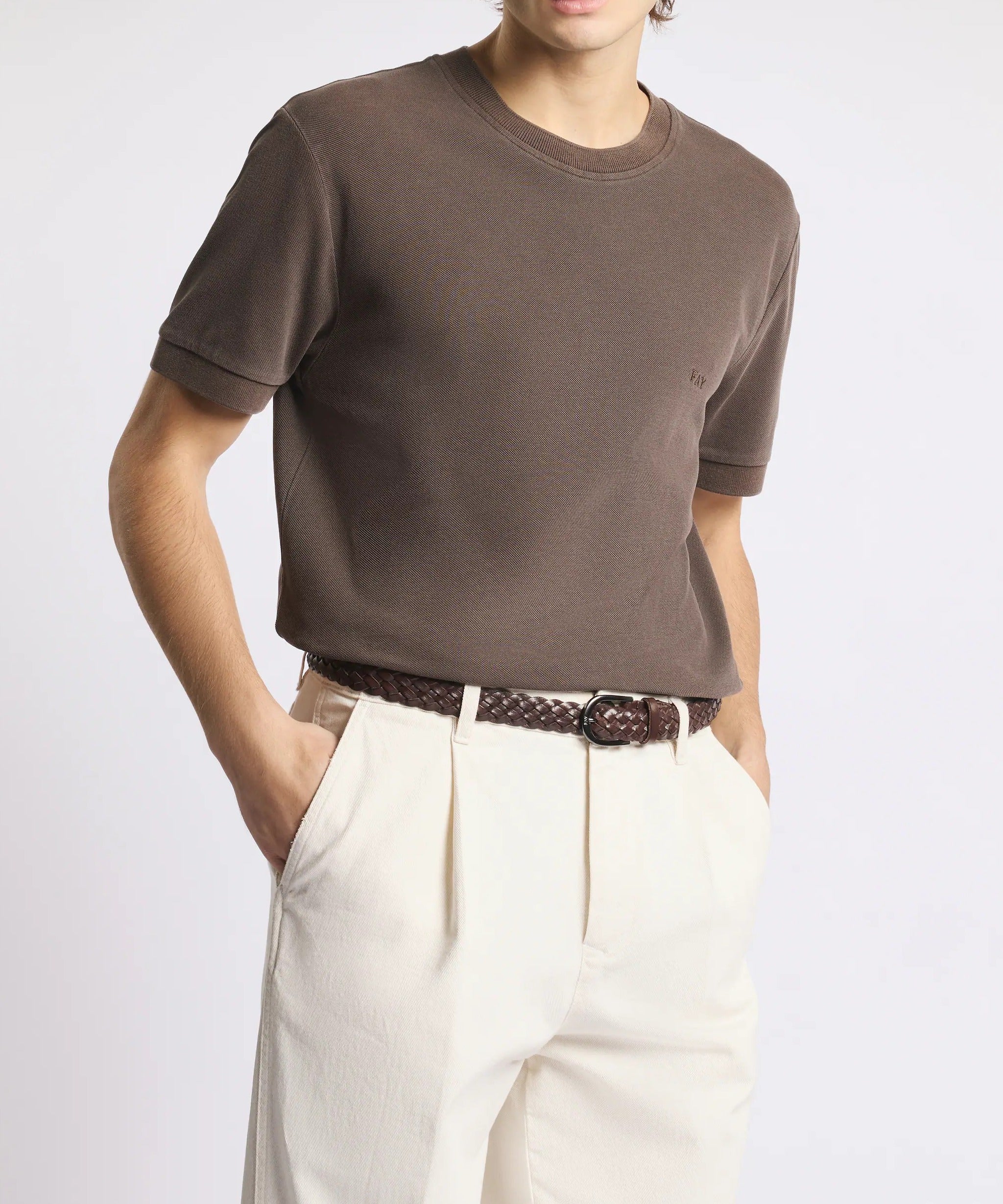 FAY T-Shirt Uomo Piquet Cotone Ricamo Logo-Marrone