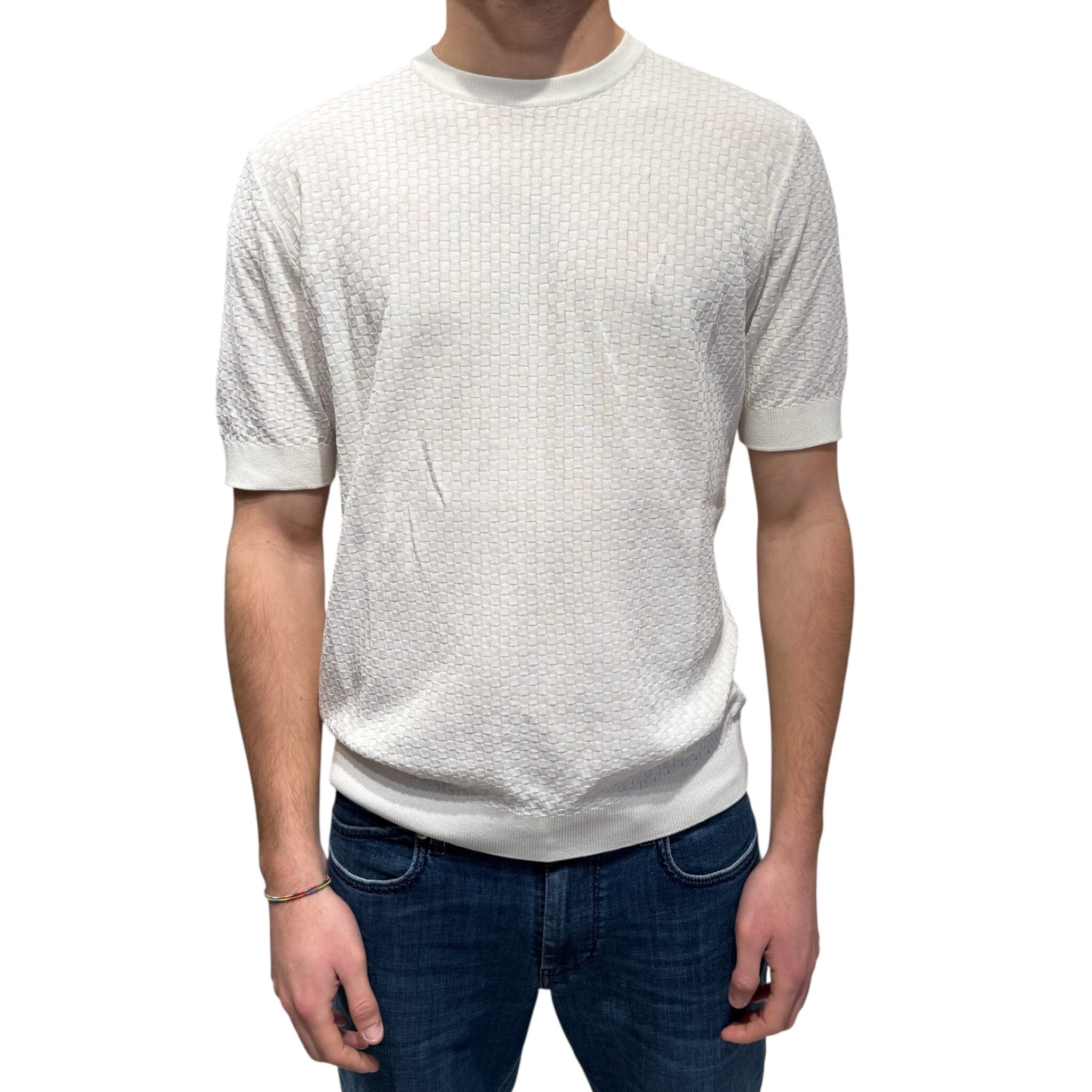 FILIPPO DE LAURENTIIS Maglia Uomo Cotone Crêpe Punto Quadretto-Latte