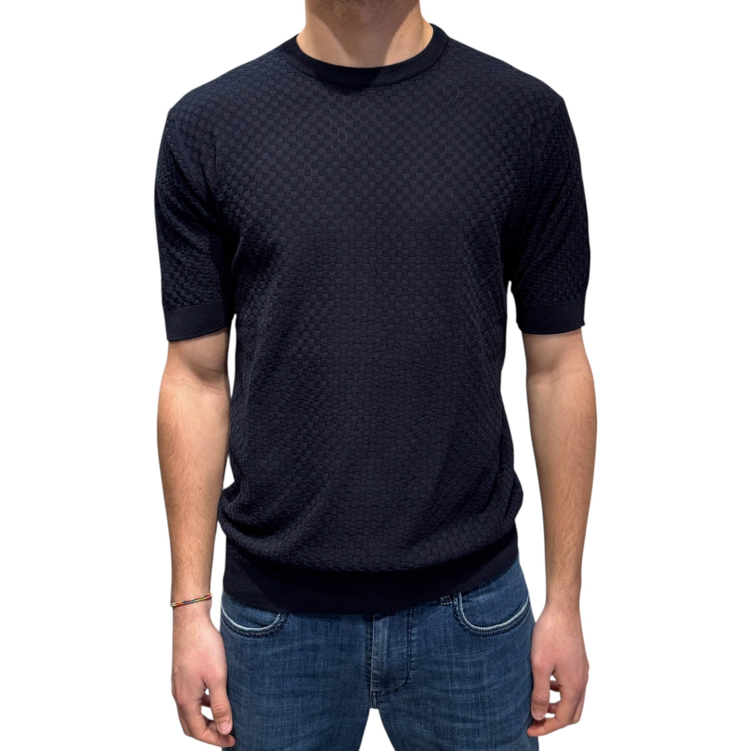 FILIPPO DE LAURENTIIS Maglia Uomo Cotone Crêpe Punto Quadretto-Navy
