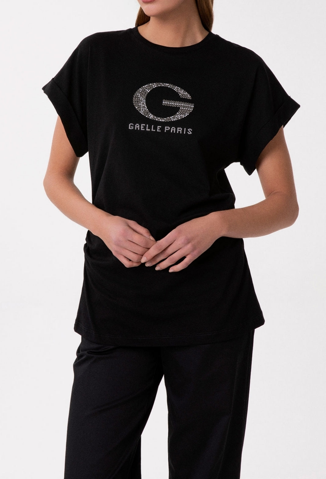 GAELLE PARIS T-Shirt Donna Spacco sul Retro Logo Strass-Nero