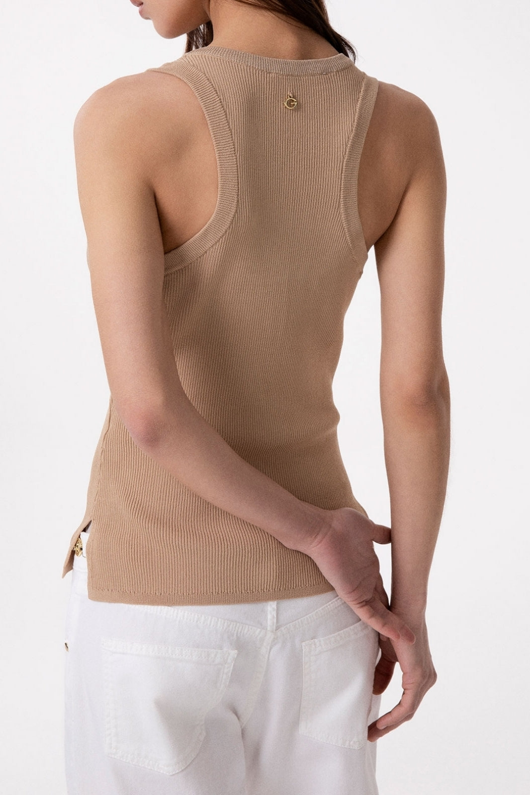 GAELLE PARIS Canotta Donna Maglia Costine Dettaglio Lurex-Beige