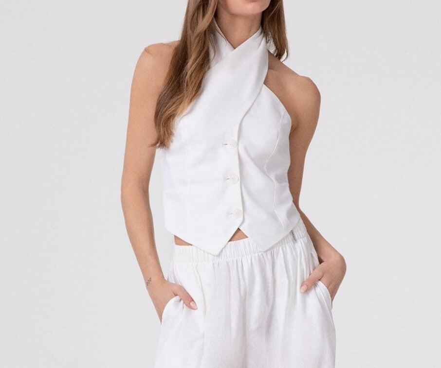 HINNOMINATE Top Donna Lino Incrocio Collo-Bianco