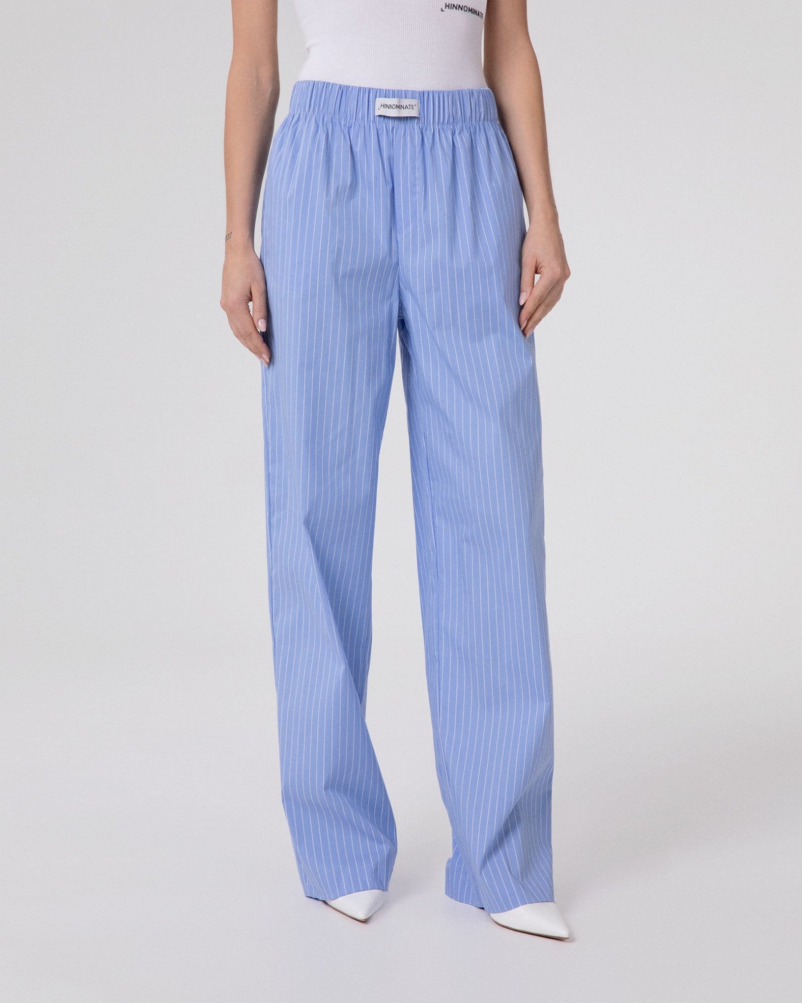 HINNOMINATE Pantalone Donna Cotone Righe Dritto-Azzurro