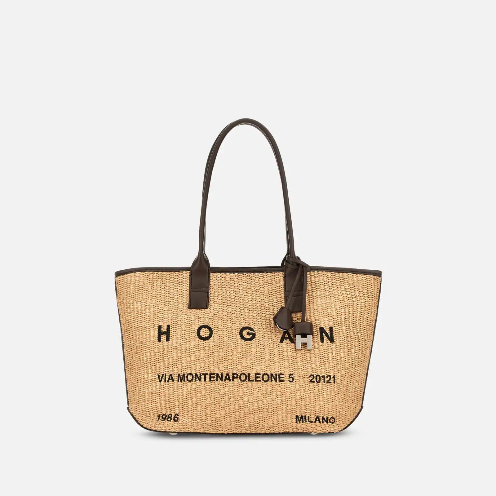 HOGAN Borsa Shopping Address Piccola Raffia-Marrone Avorio