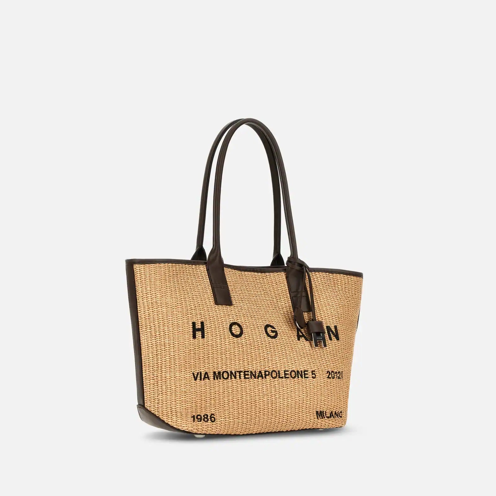 HOGAN Borsa Shopping Address Piccola Raffia-Marrone Avorio