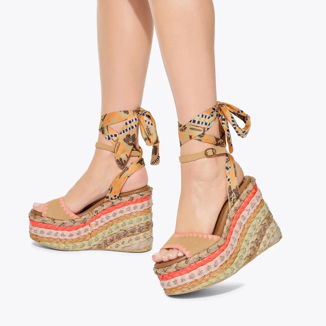KURT GEIGER Sandalo Donna CHELSEA SCARF WEDGE HEEL-Mustard