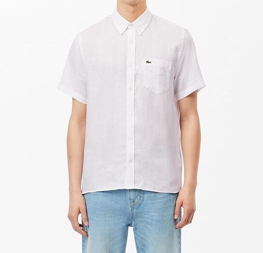 LACOSTE Camicia Uomo Lino Maniche Corte-Bianco