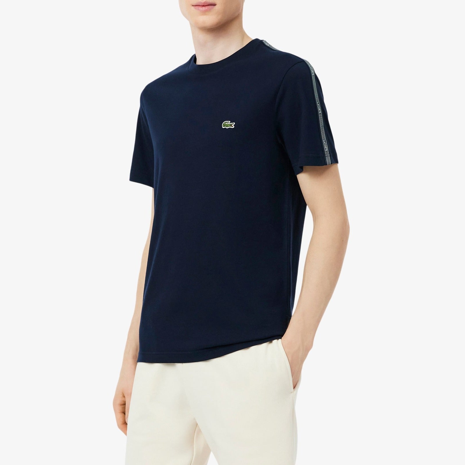 LACOSTE T-Shirt Uomo Jersey Cotone Banda Logo-Blu Navy