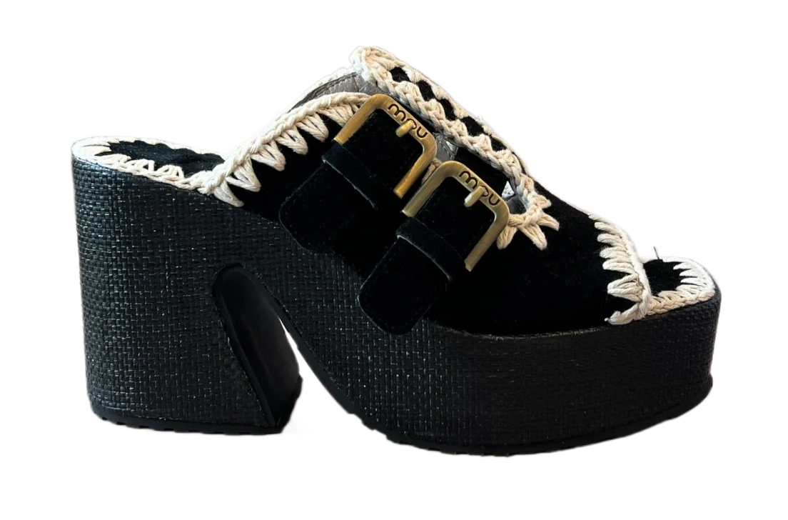 MOU Sandalo Donna RAFFIA PLATFORM TWO BUCKLES-Black/White