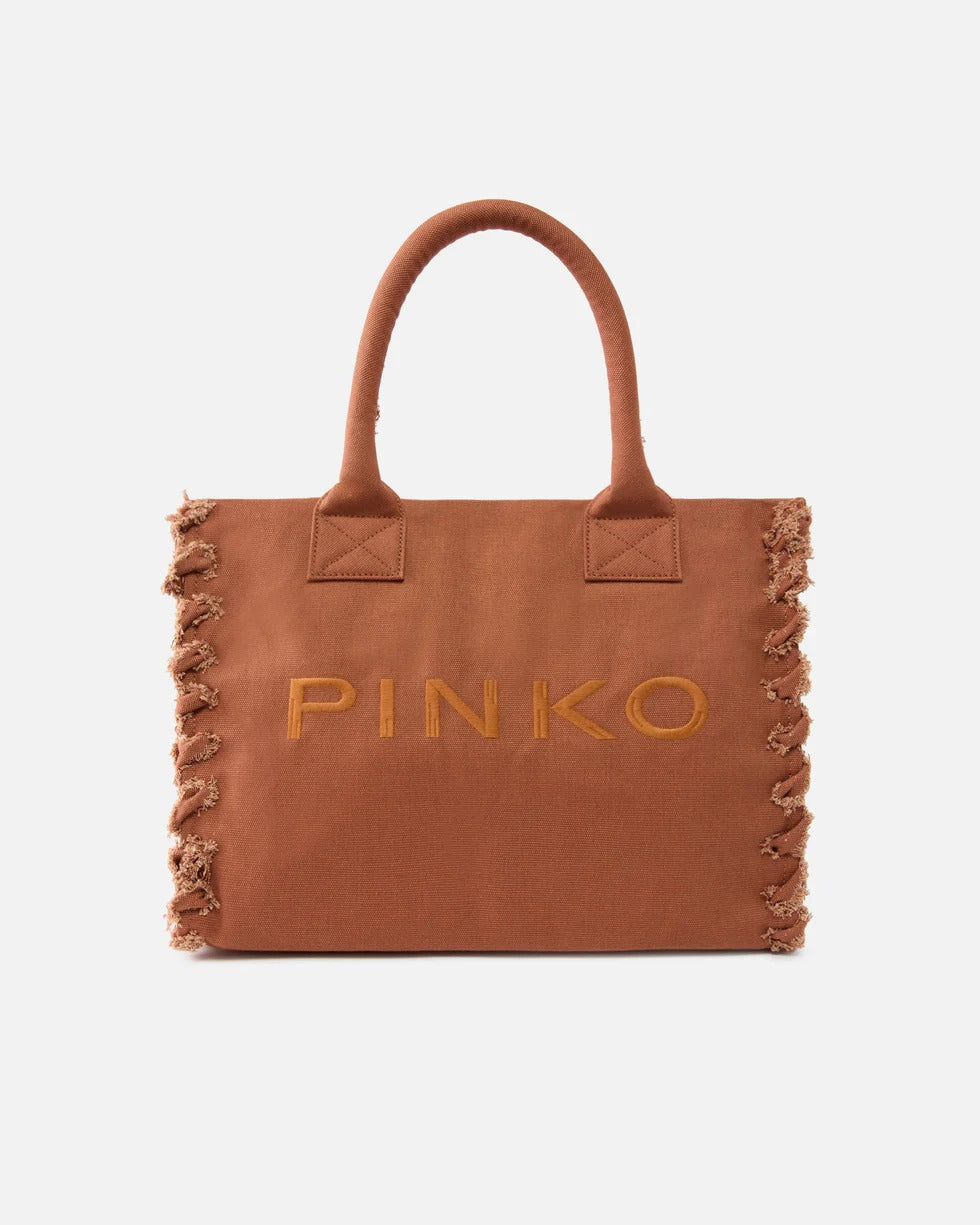 PINKO Borsa SHOPPER BEACH CANVAS-Marrone