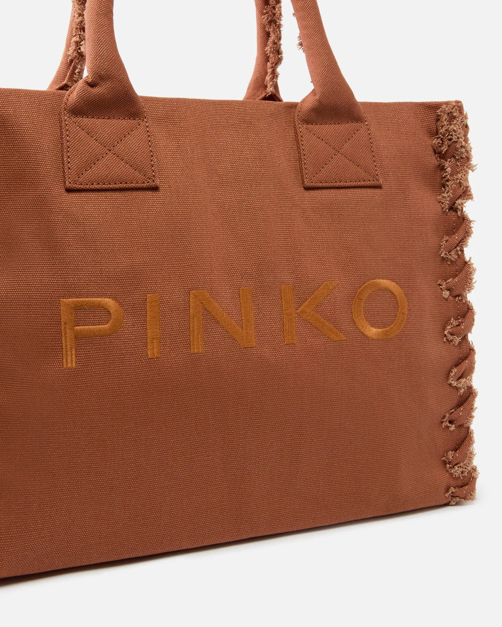 PINKO Borsa SHOPPER BEACH CANVAS-Marrone