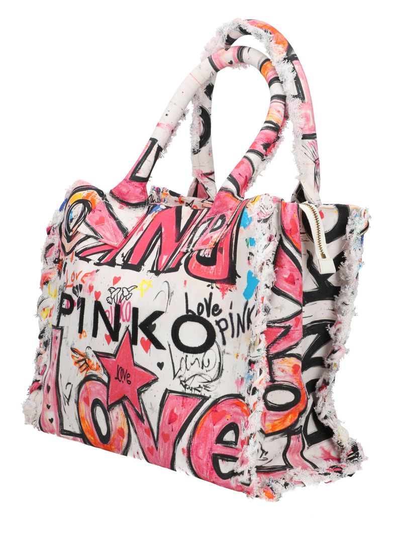 PINKO Borsa SHOPPER BEACH CANVAS-Bianco Multicolor