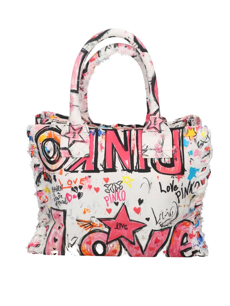 PINKO Borsa SHOPPER BEACH CANVAS-Bianco Multicolor