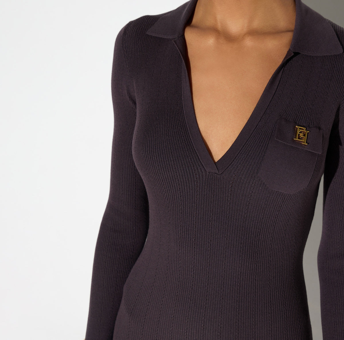 ELISABETTA FRANCHI Abito Maglia Midi Ricami à Jour-Dark Chocolate