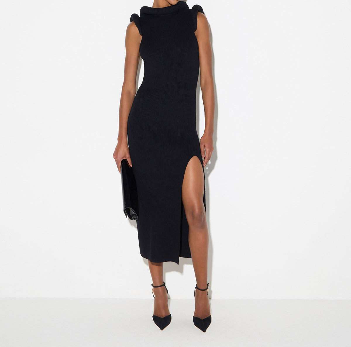 ELISABETTA FRANCHI Abito Midi Maglia Costine Dettagli 3d-Nero