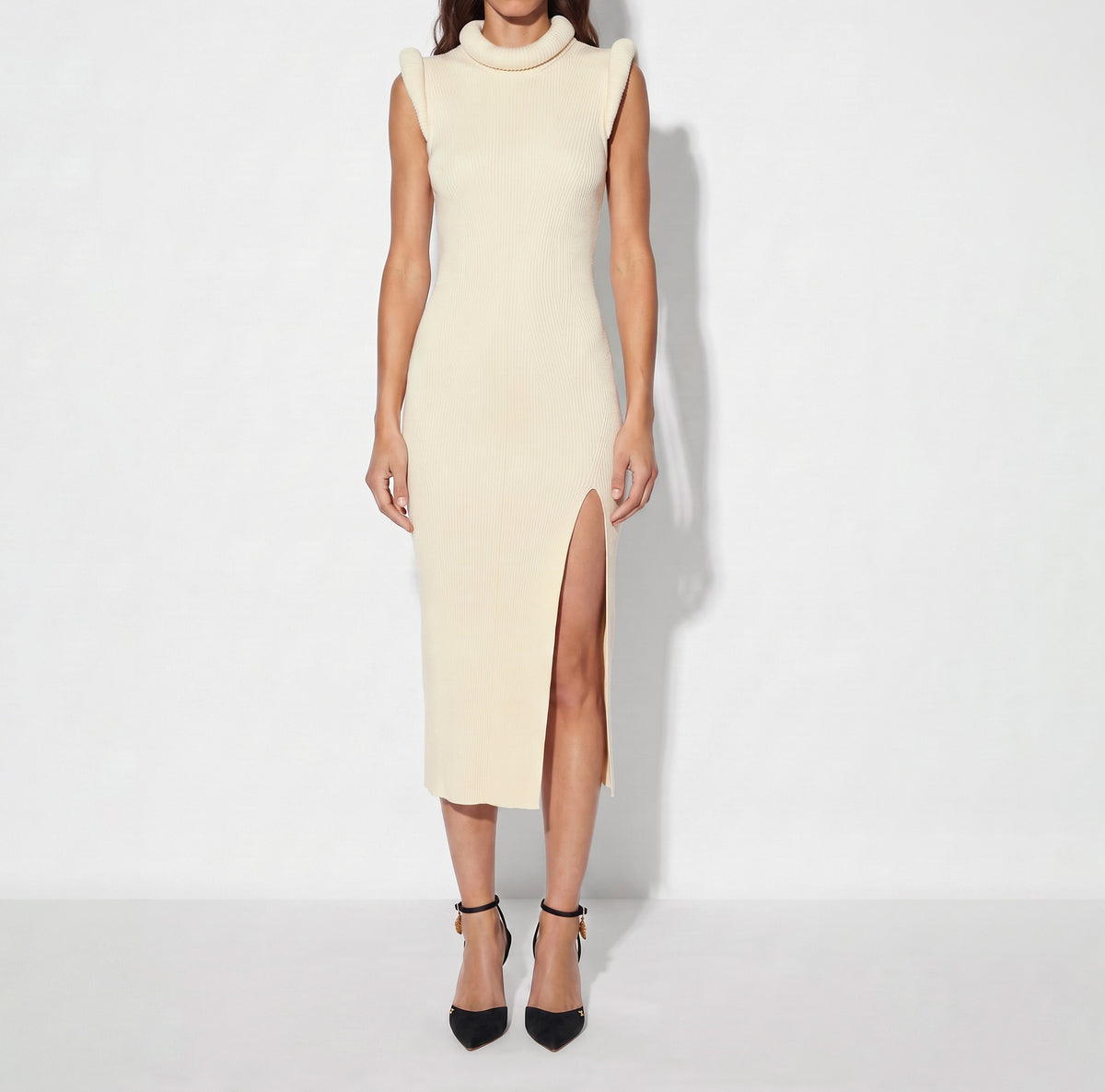 ELISABETTA FRANCHI Abito Midi Maglia Costine Dettagli 3d-Burro