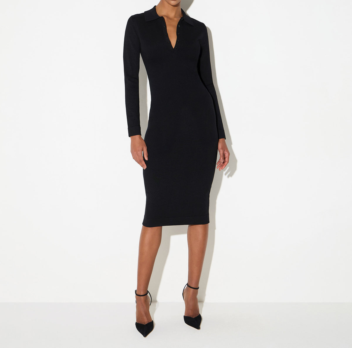 ELISABETTA FRANCHI Abito Midi Maglia Colletto Polo-Nero