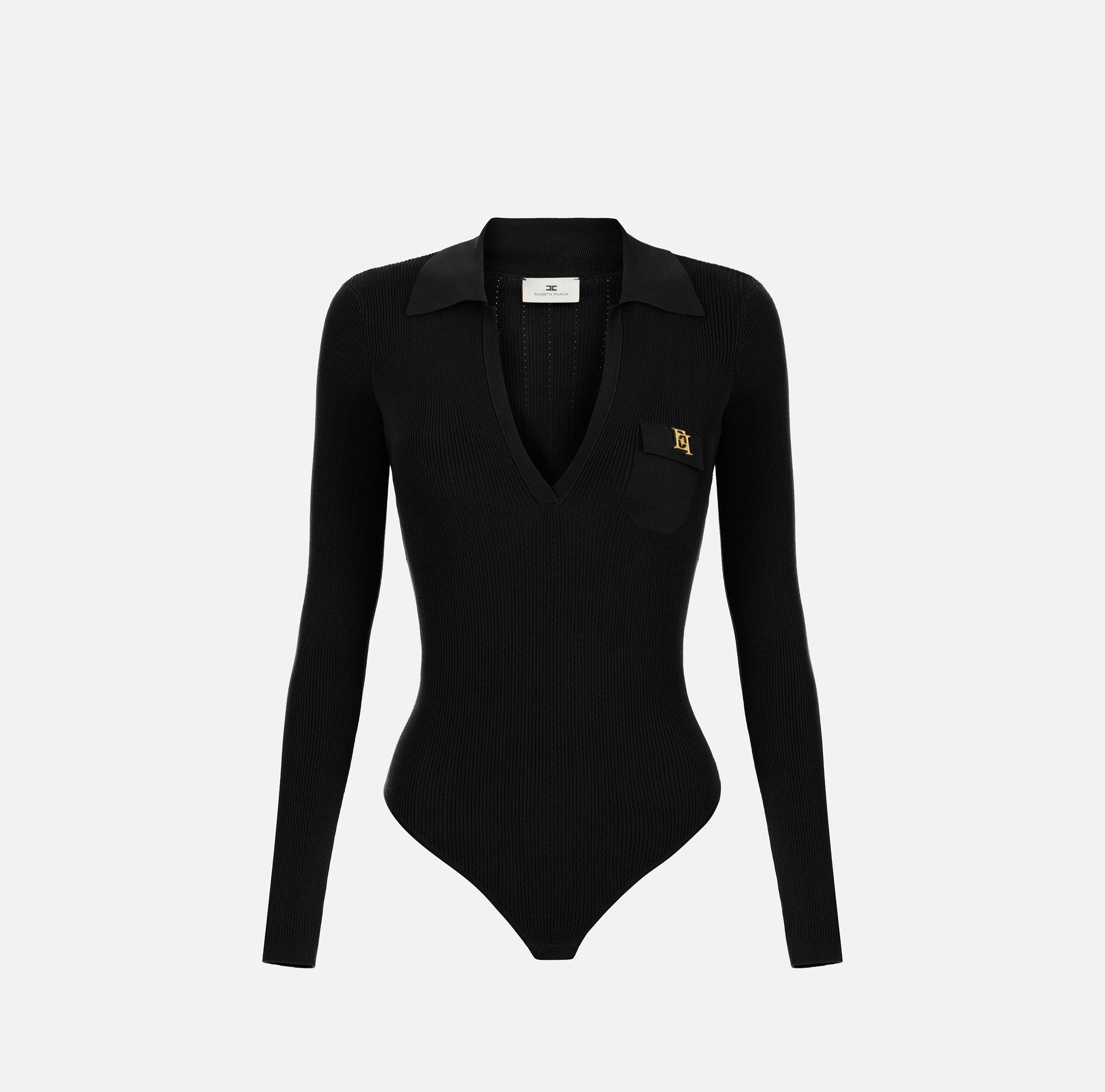 ELISABETTA FRANCHI Body Maglia Costine Ricami à Jour-Nero
