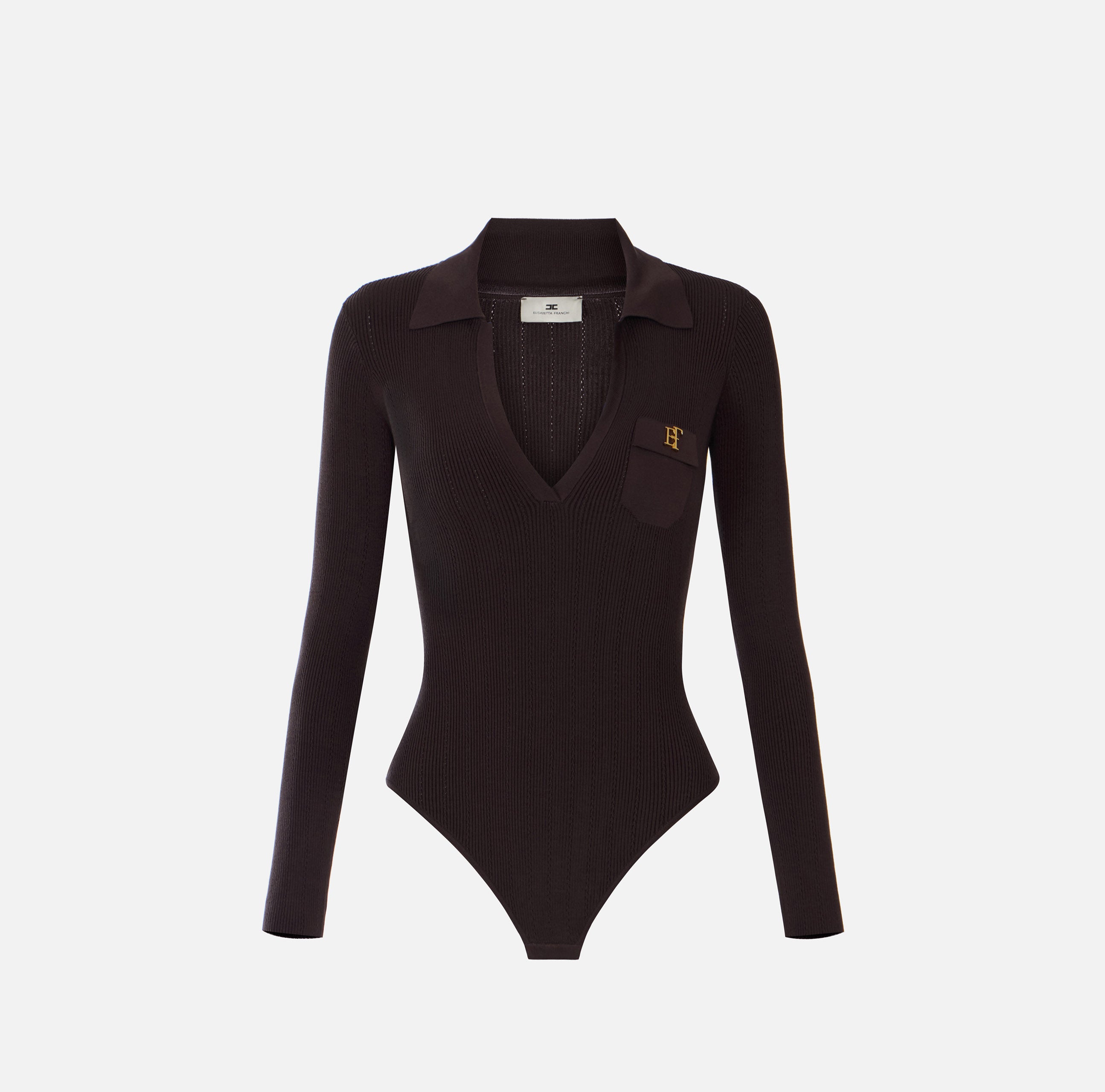 ELISABETTA FRANCHI Body Maglia Costine Ricami à Jour-Dark Choco
