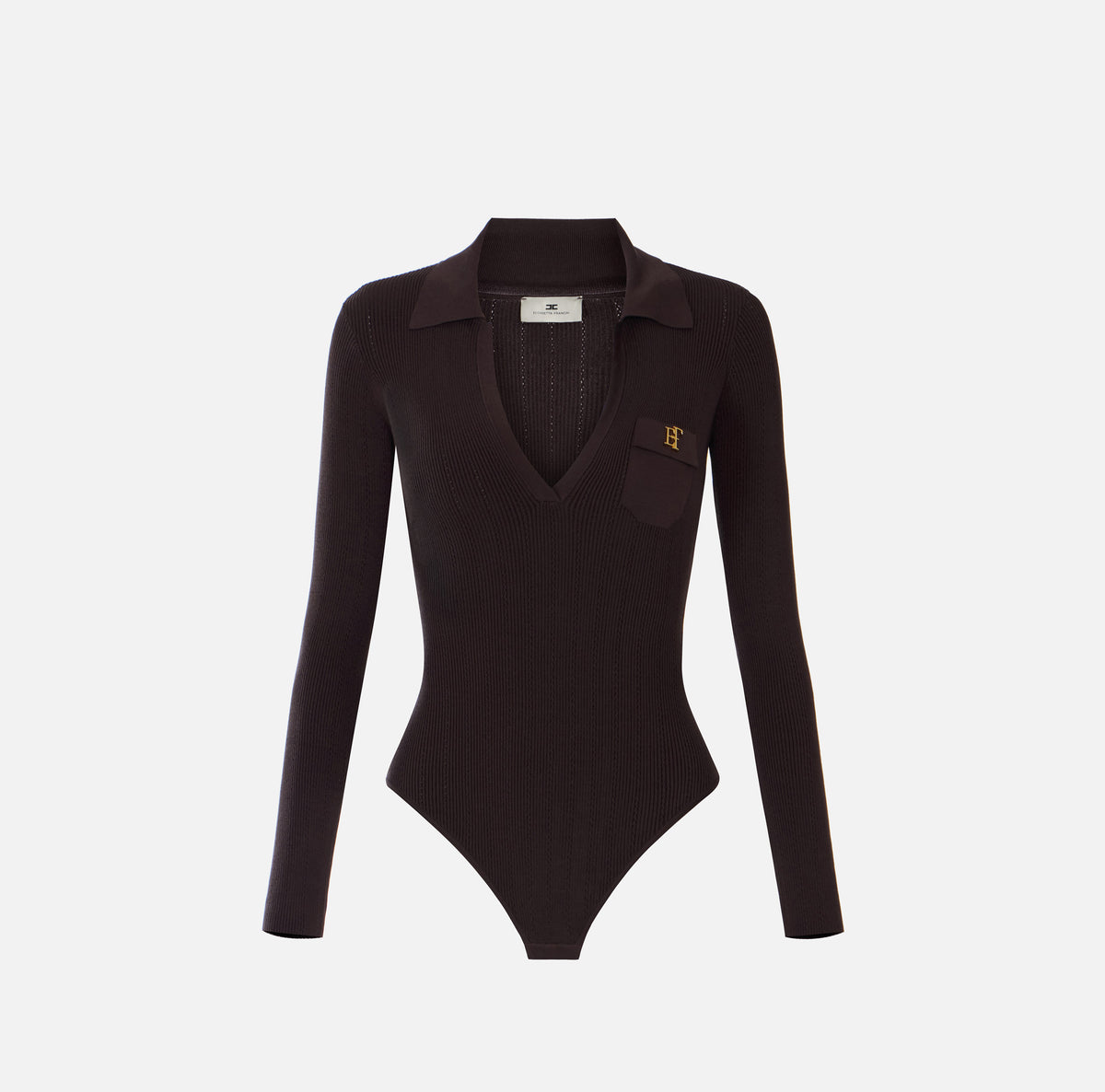 ELISABETTA FRANCHI Body Maglia Costine Ricami à Jour-Dark Choco