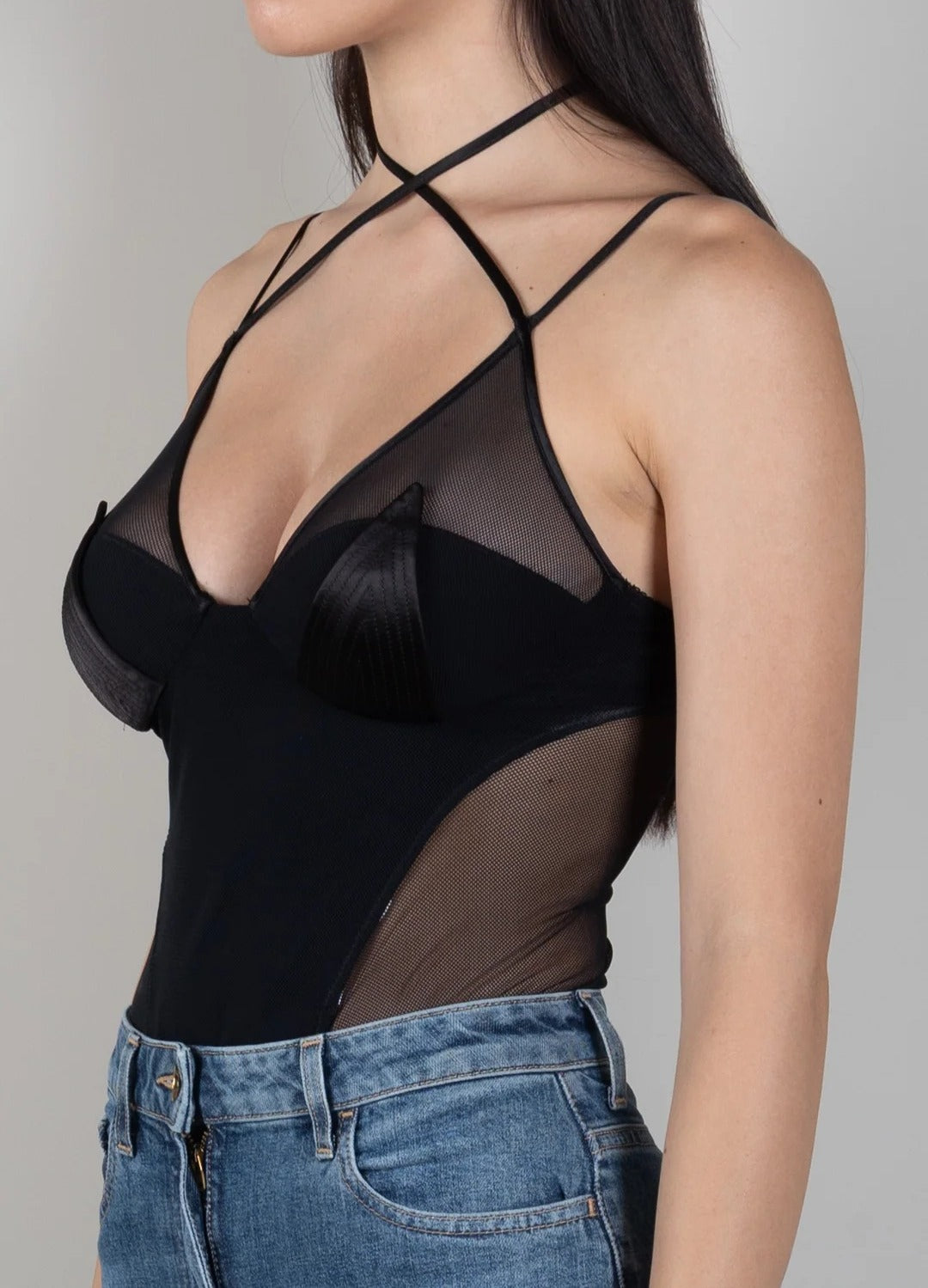 ELISABETTA FRANCHI Body jersey crêpe Tulle-Nero